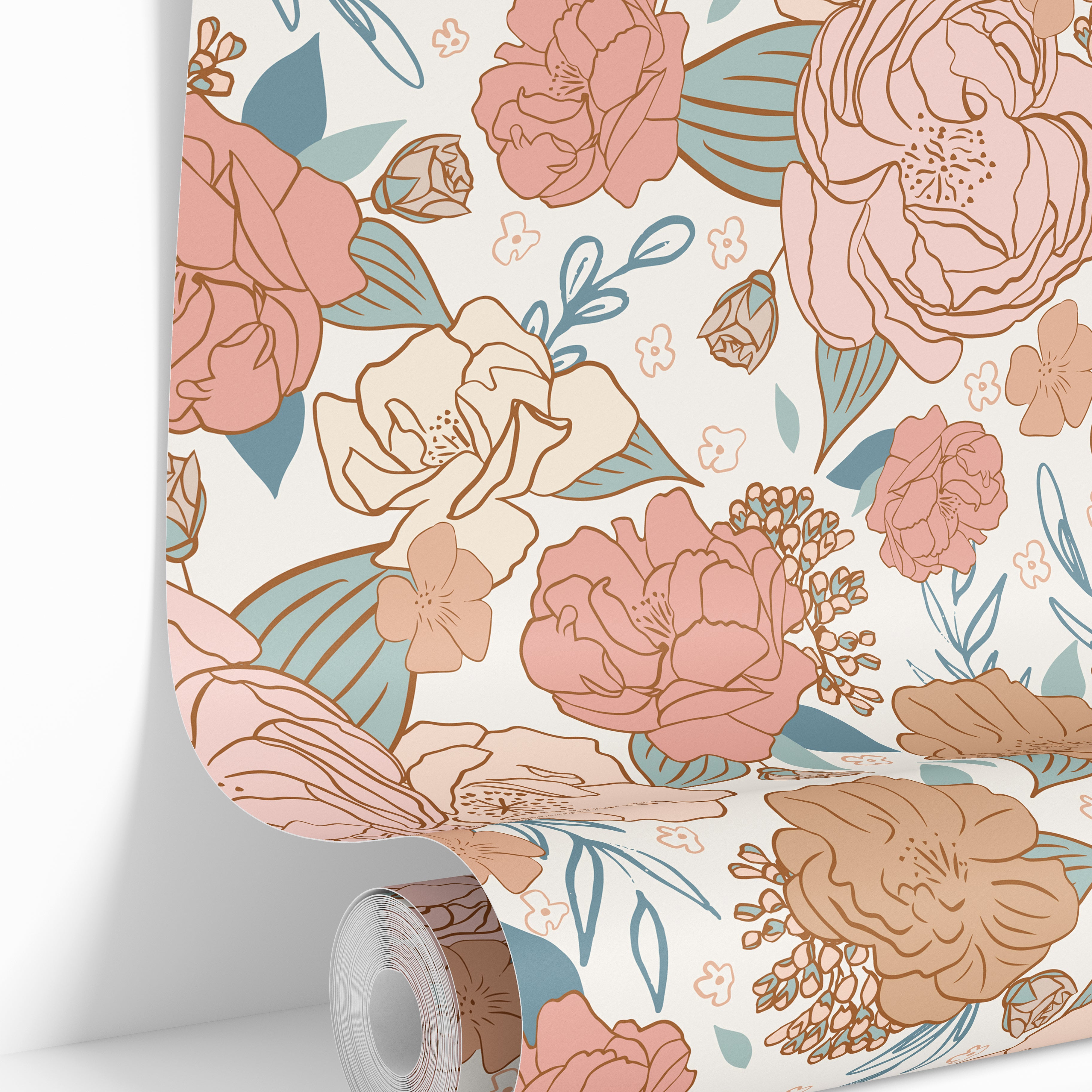 roll of the secret posy wallpaper with blush peach camel flowers teal leaves and ivory ground