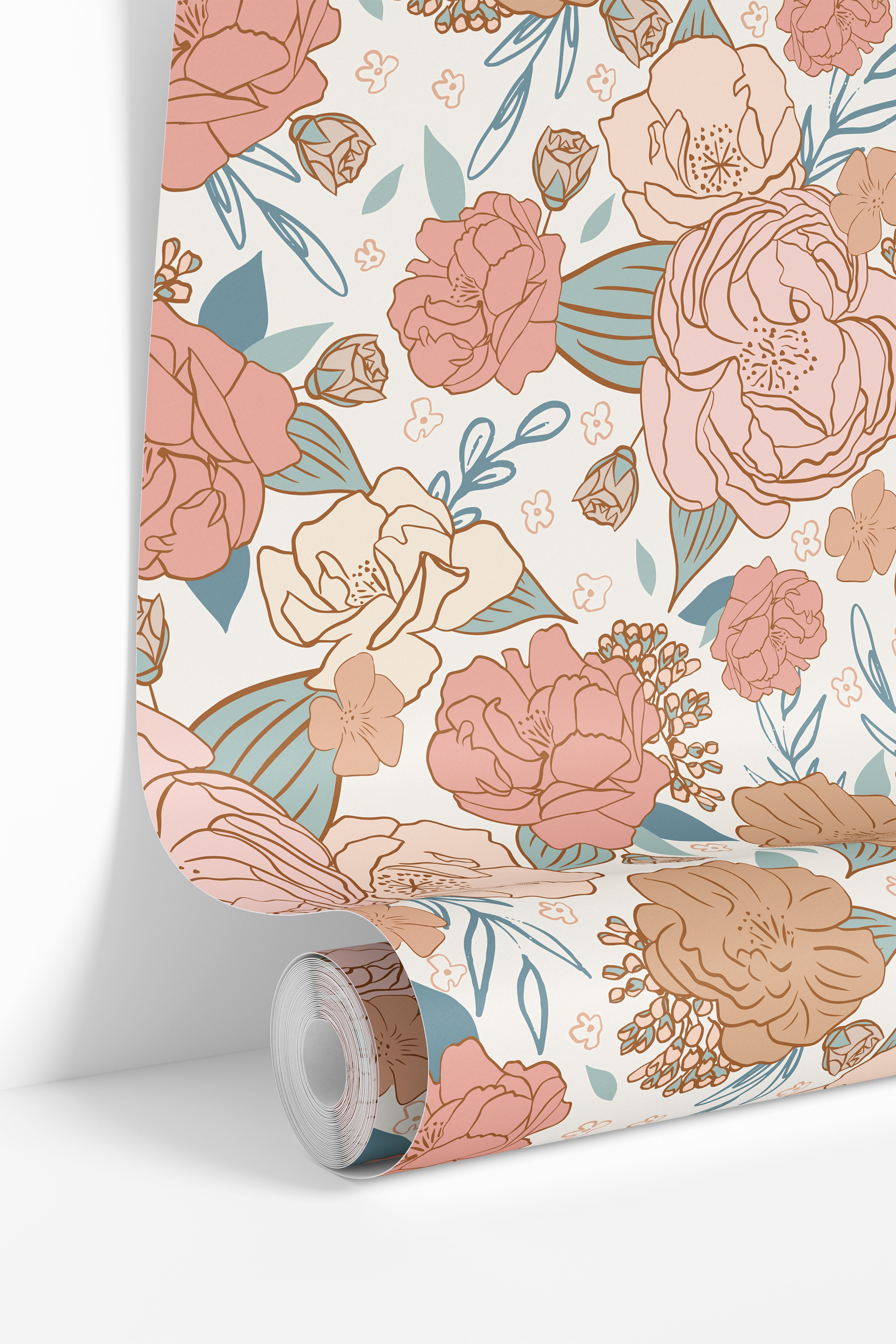 roll of the secret posy wallpaper with blush peach camel flowers teal leaves and ivory ground