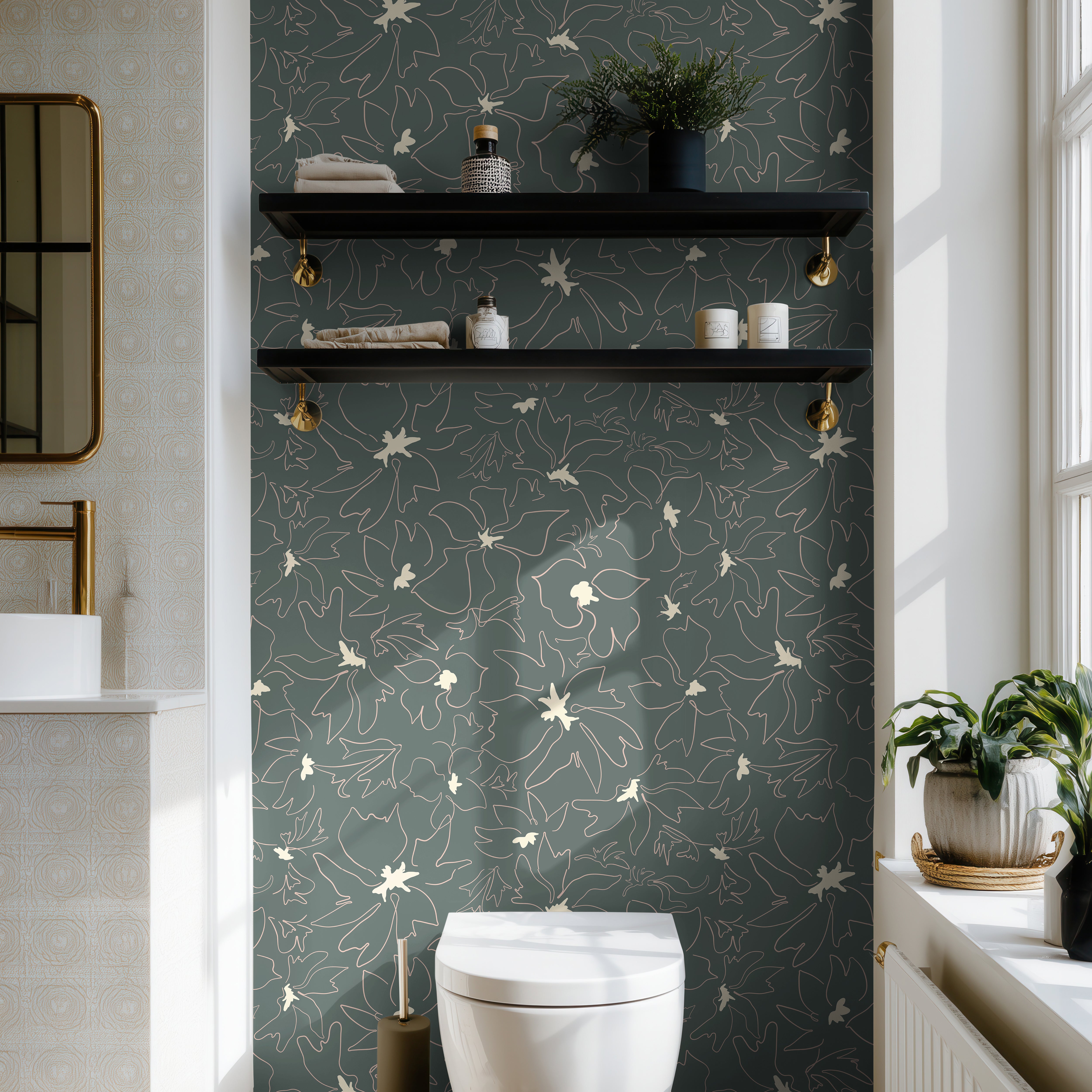the years between wallpaper mood board with gold and linen textures