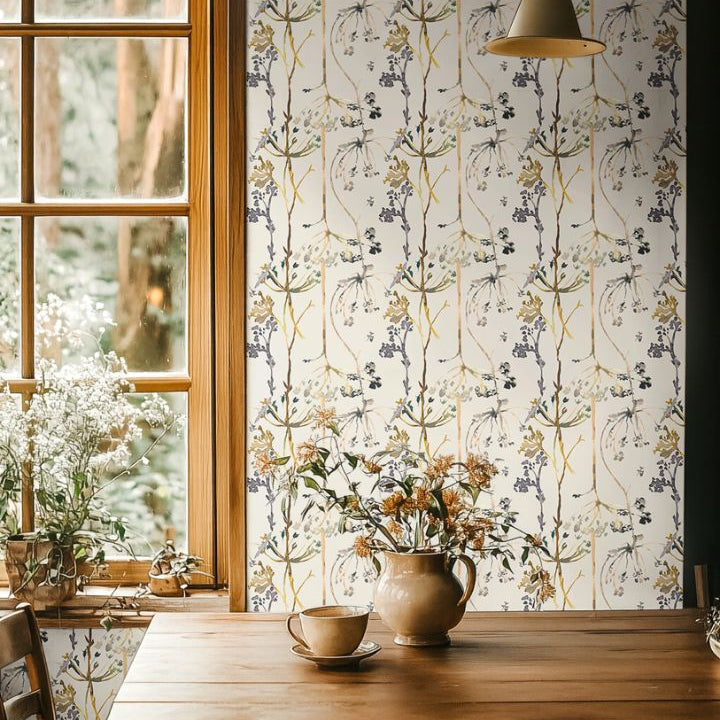 trellis study botanical wallpaper styled in kitchen interior