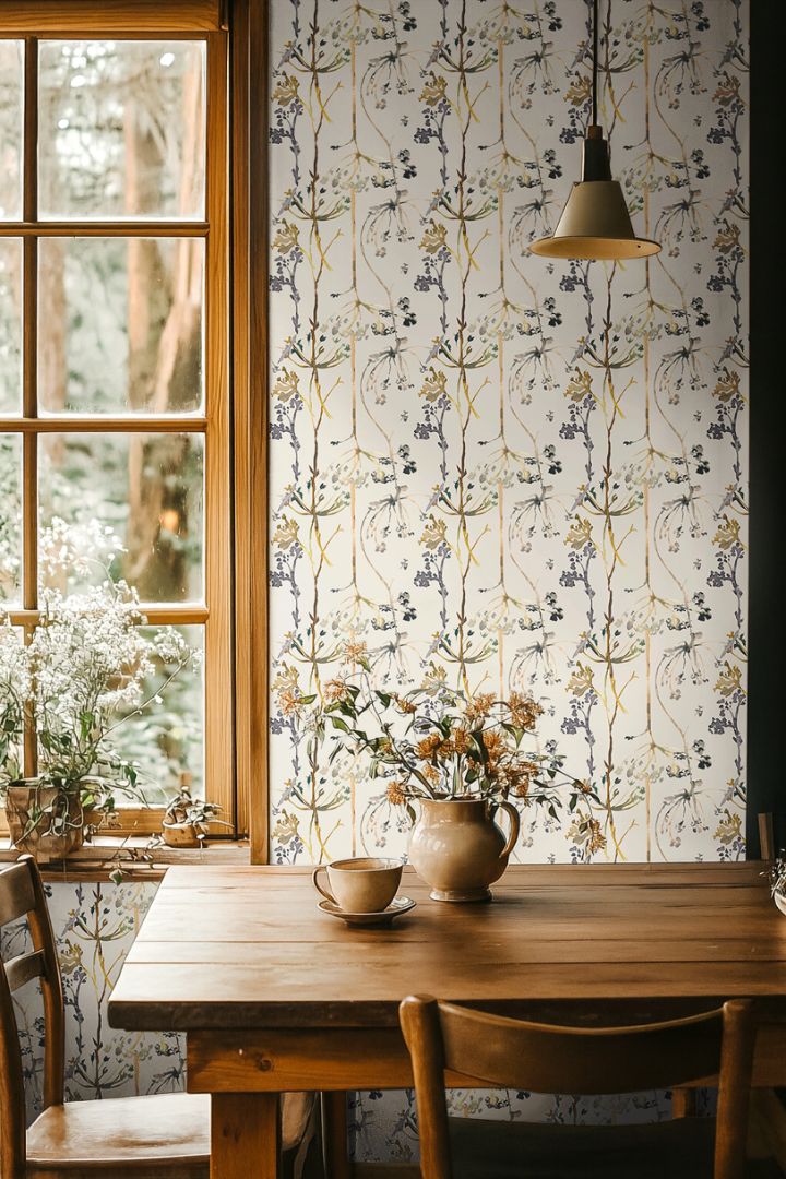 trellis study botanical wallpaper styled in kitchen interior