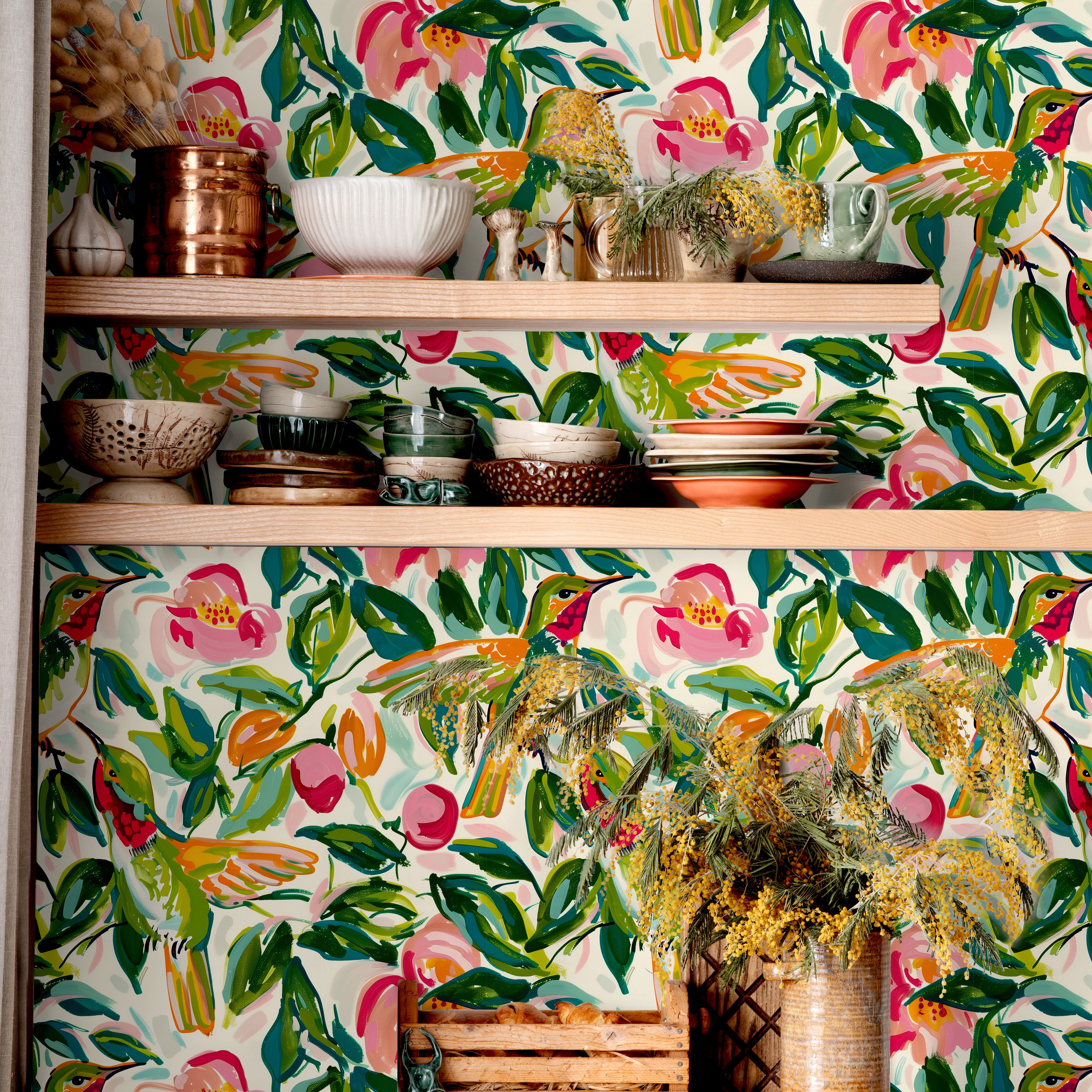 wild nectar wallpaper with colorful painterly leaves and flowers 2036