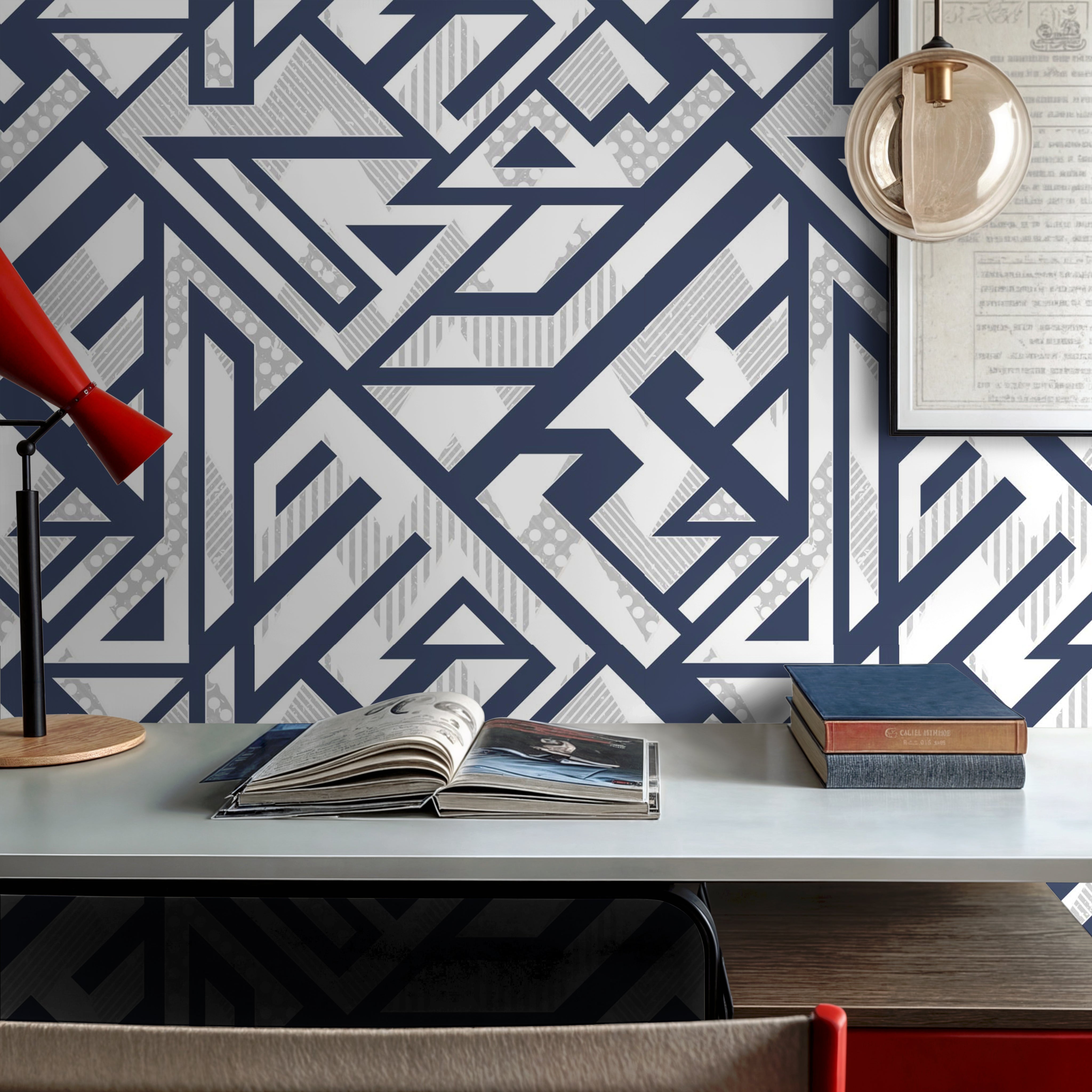 varsity ink 1263 navy geometric wallpaper behind a simple bed with gray bedding and white storage
