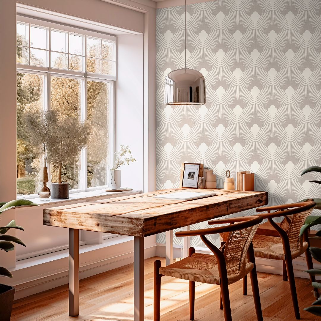 velmere taupe wallpaper in dining area with oak table and cream accents – sculptural linen texture – james & colors