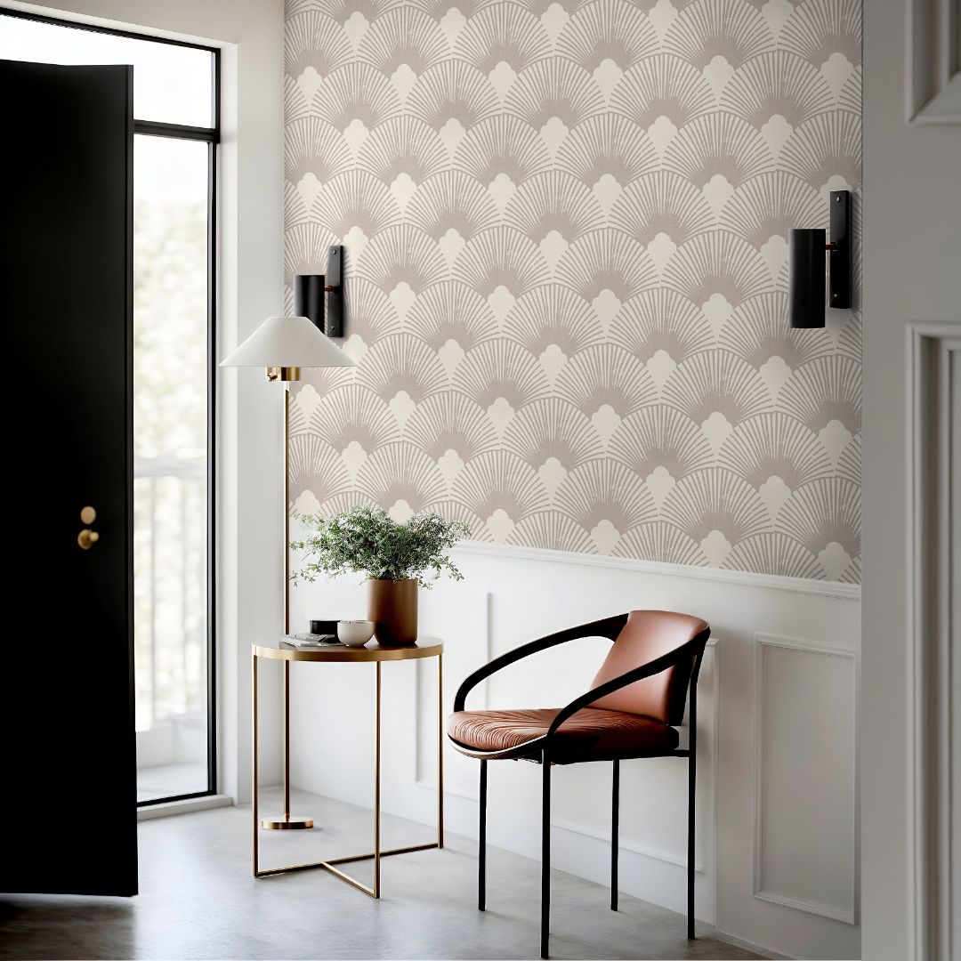 velmere taupe wallpaper in living space with warm natural lighting – neutral geometric wall design – james & colors