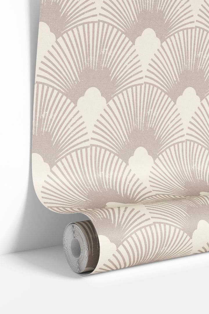 velmere taupe wallpaper roll – fan arch geometric design with linen texture – james & colors