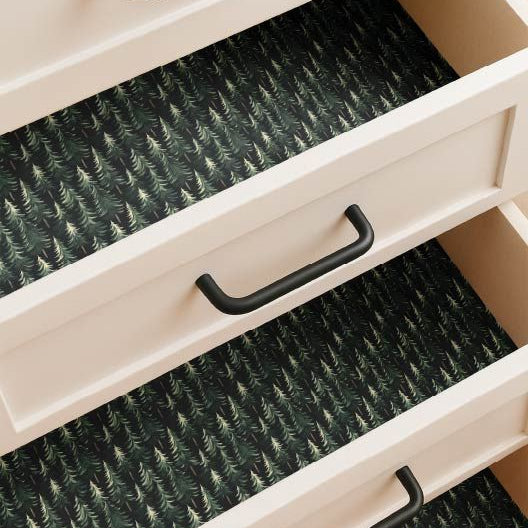 Velvet Pines Contact Paper drawer installation view with elegant matte finish