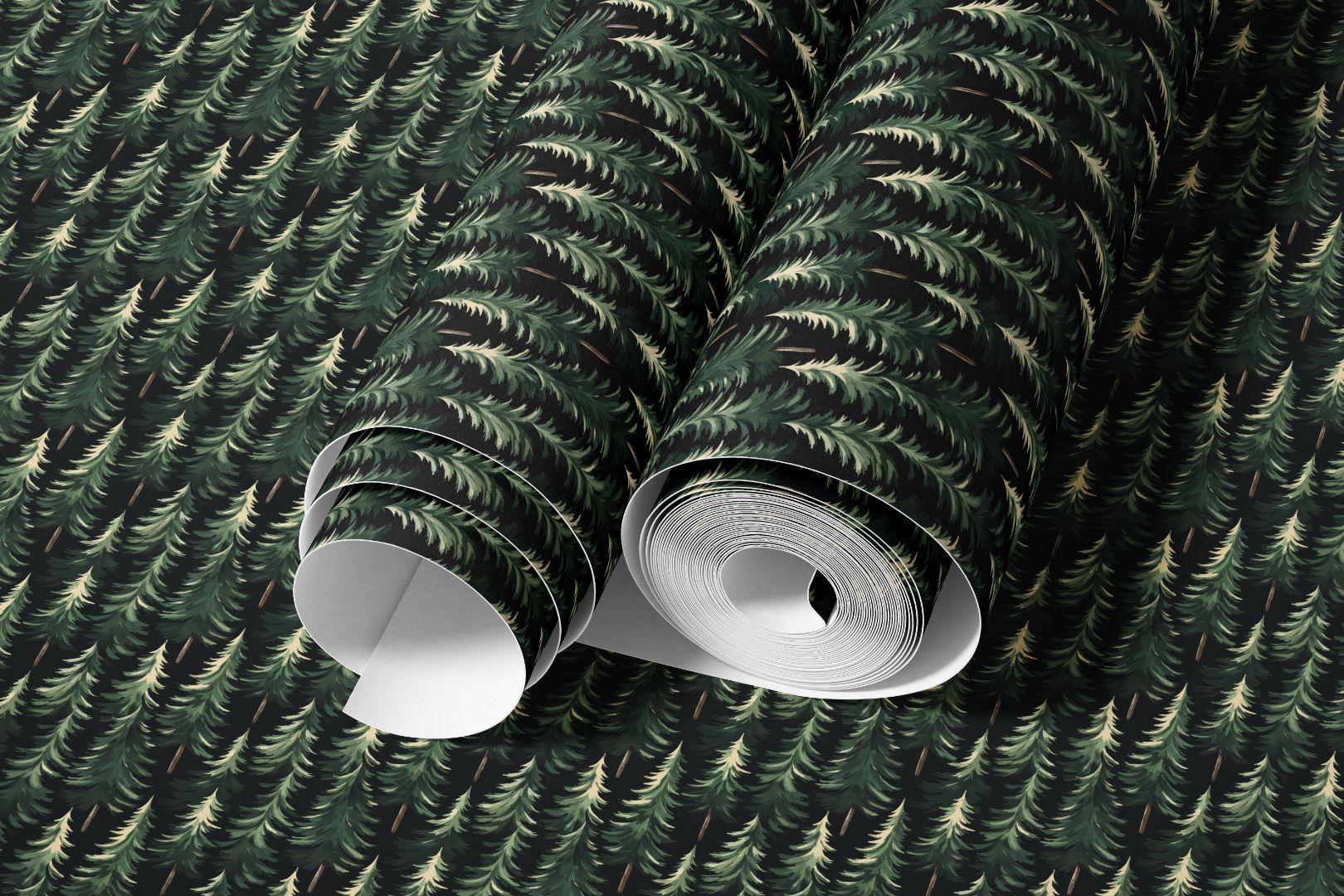 Velvet Pines Contact Paper rolled view showing dark green pine forest pattern with elegant matte finish
