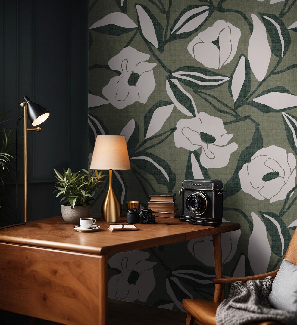 detail view of verdant study botanical pattern in layered olive and forest green