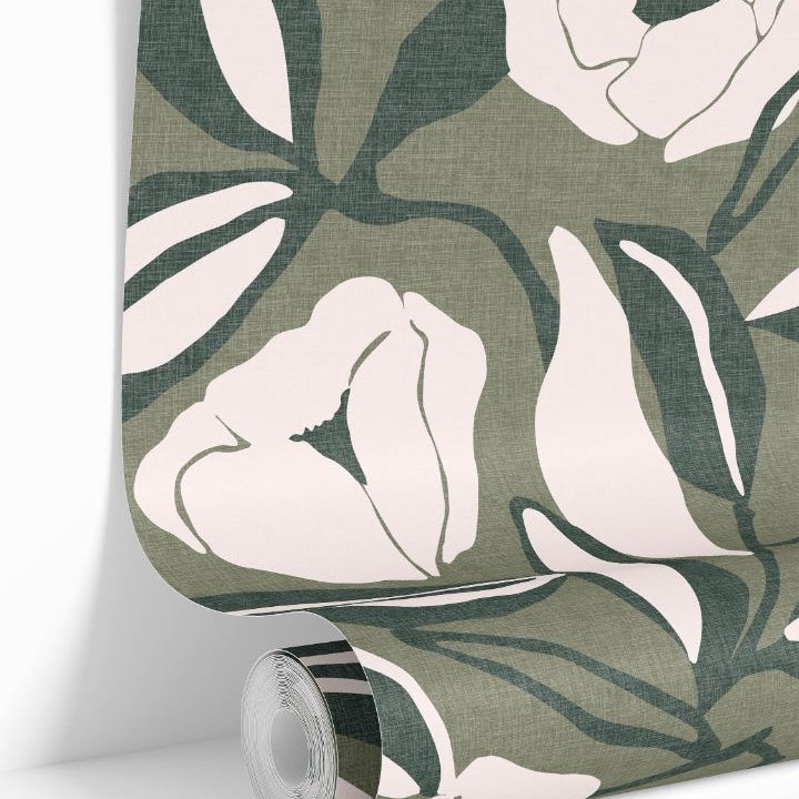 wallpaper roll showing verdant study green botanical pattern