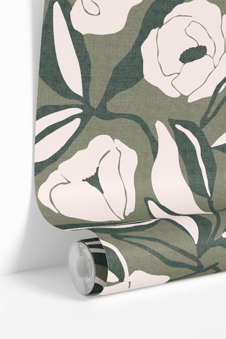 wallpaper roll showing verdant study green botanical pattern