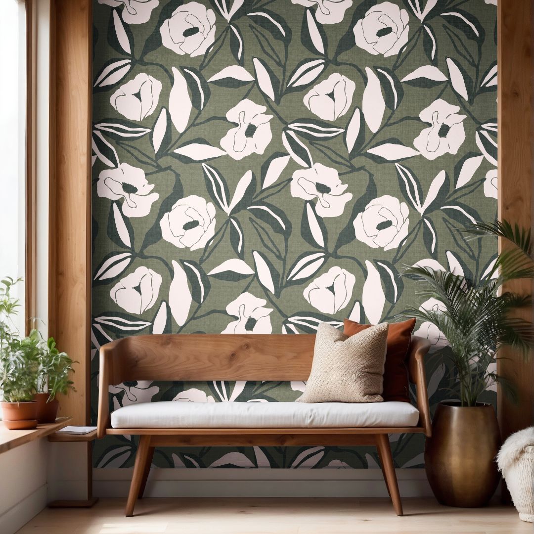 verdant study wallpaper feature wall with large scale botanical design