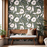 verdant study wallpaper feature wall with large scale botanical design