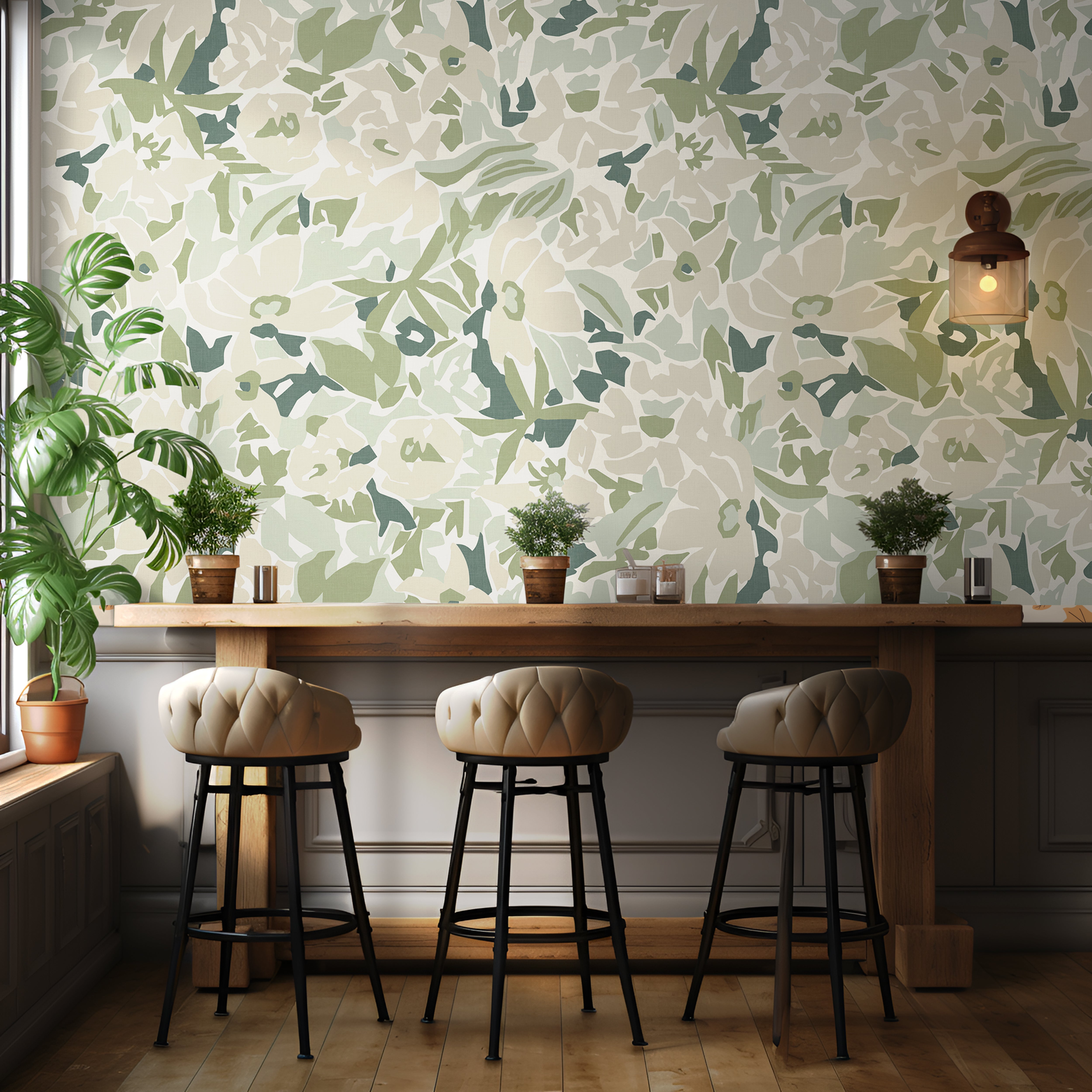 bar stool seating with green botanical wallpaper and natural decor
