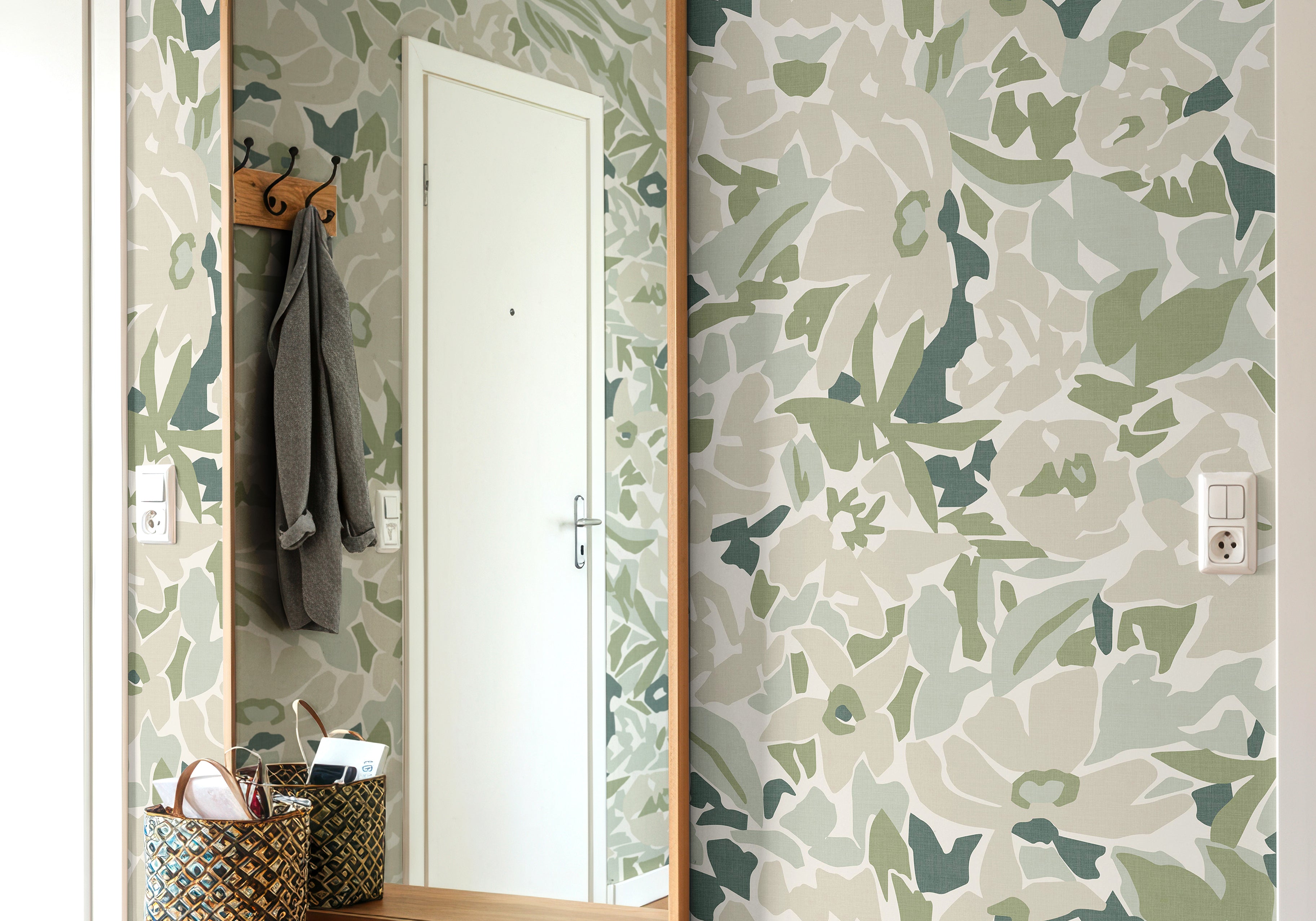 green botanical wallpaper with abstract floral pattern in entryway