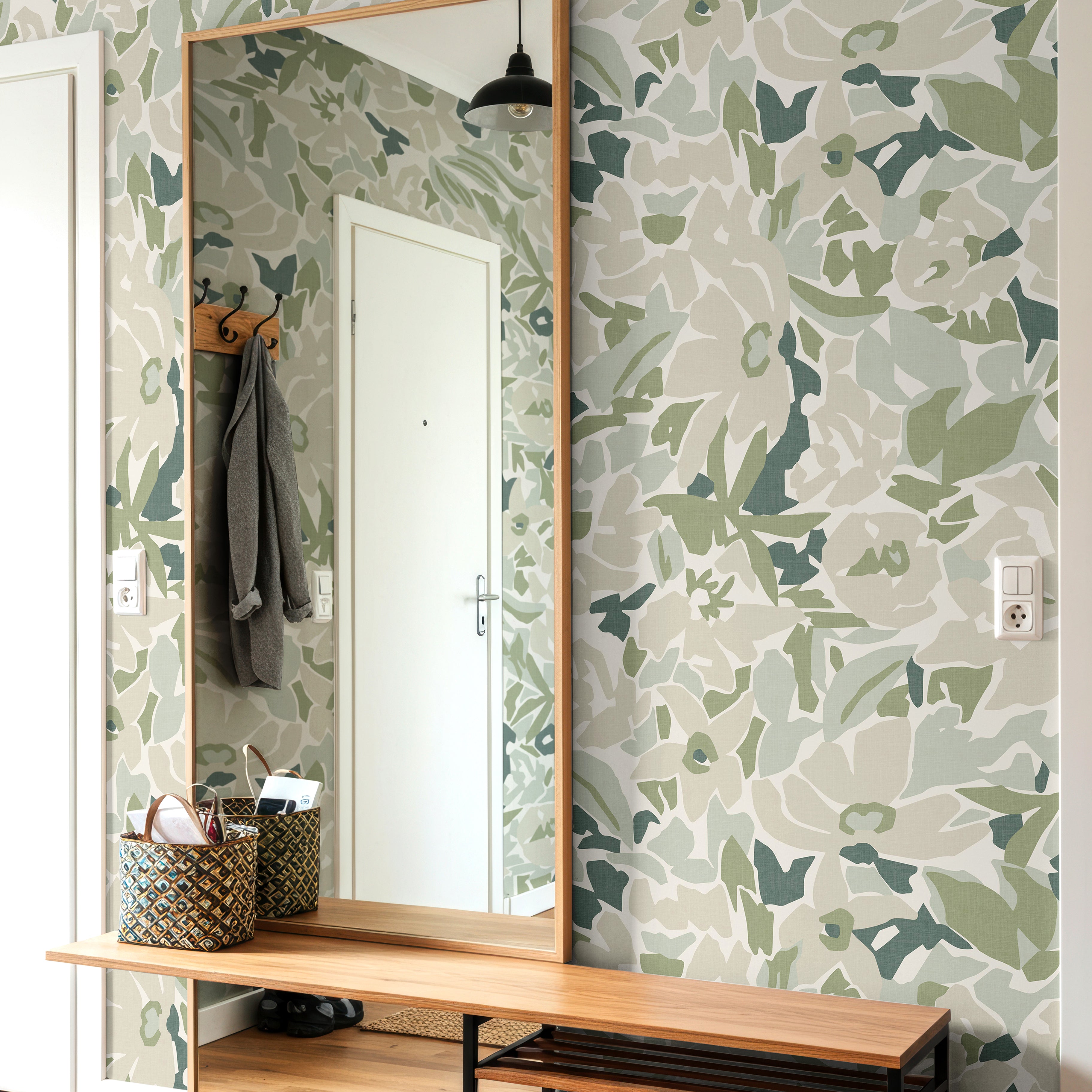 green botanical wallpaper with abstract floral pattern in entryway