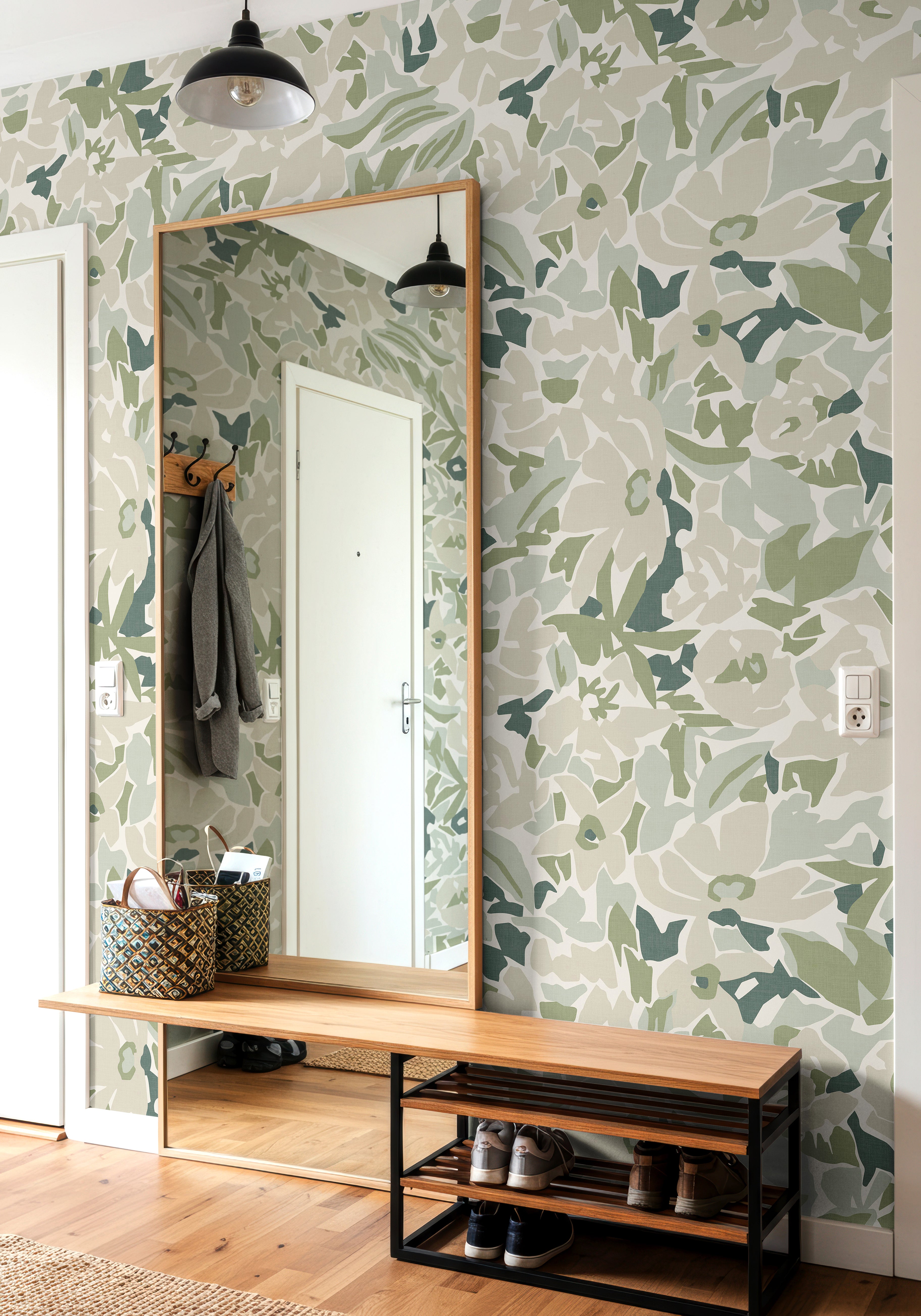 green botanical wallpaper with abstract floral pattern in entryway