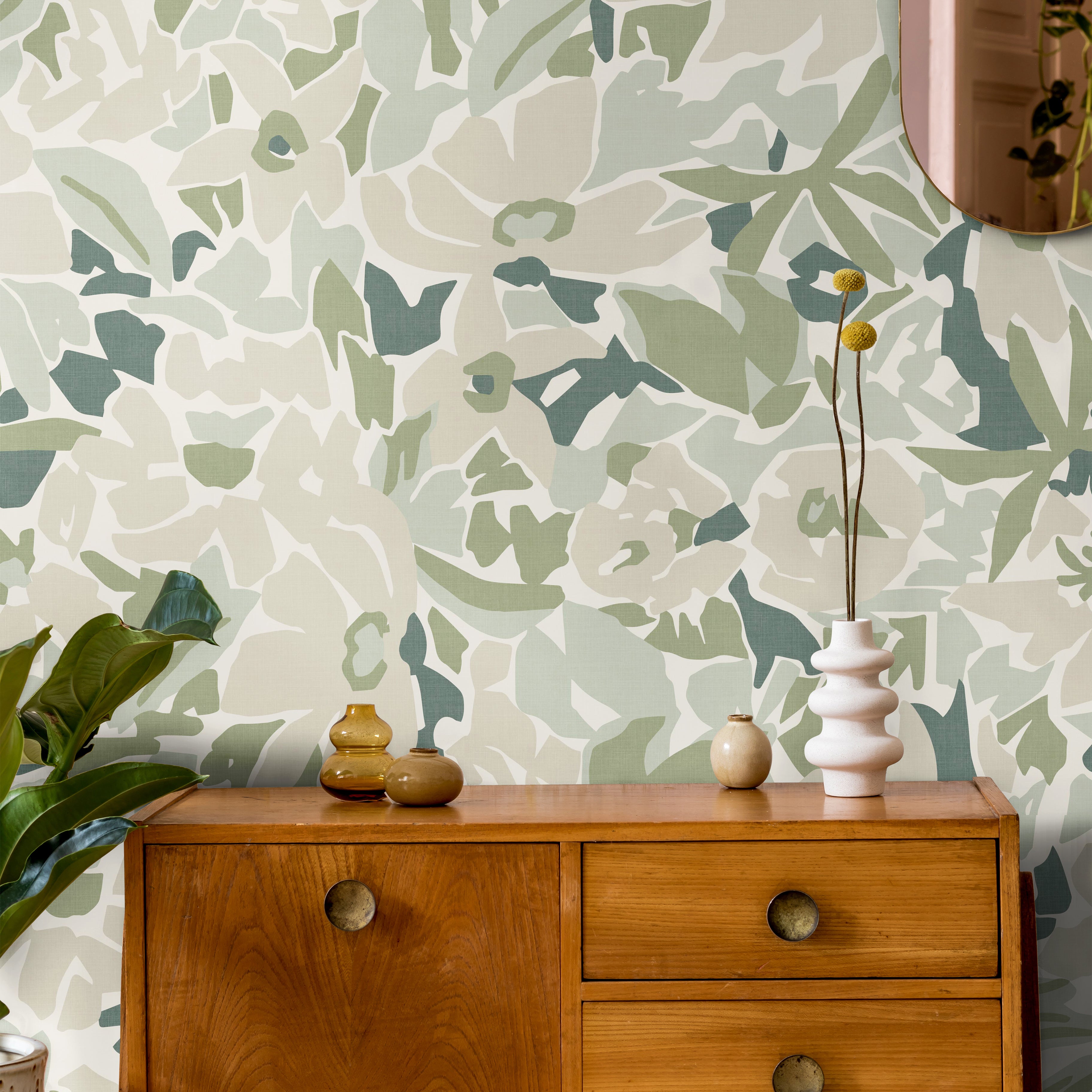 modern living room with green abstract floral wallpaper