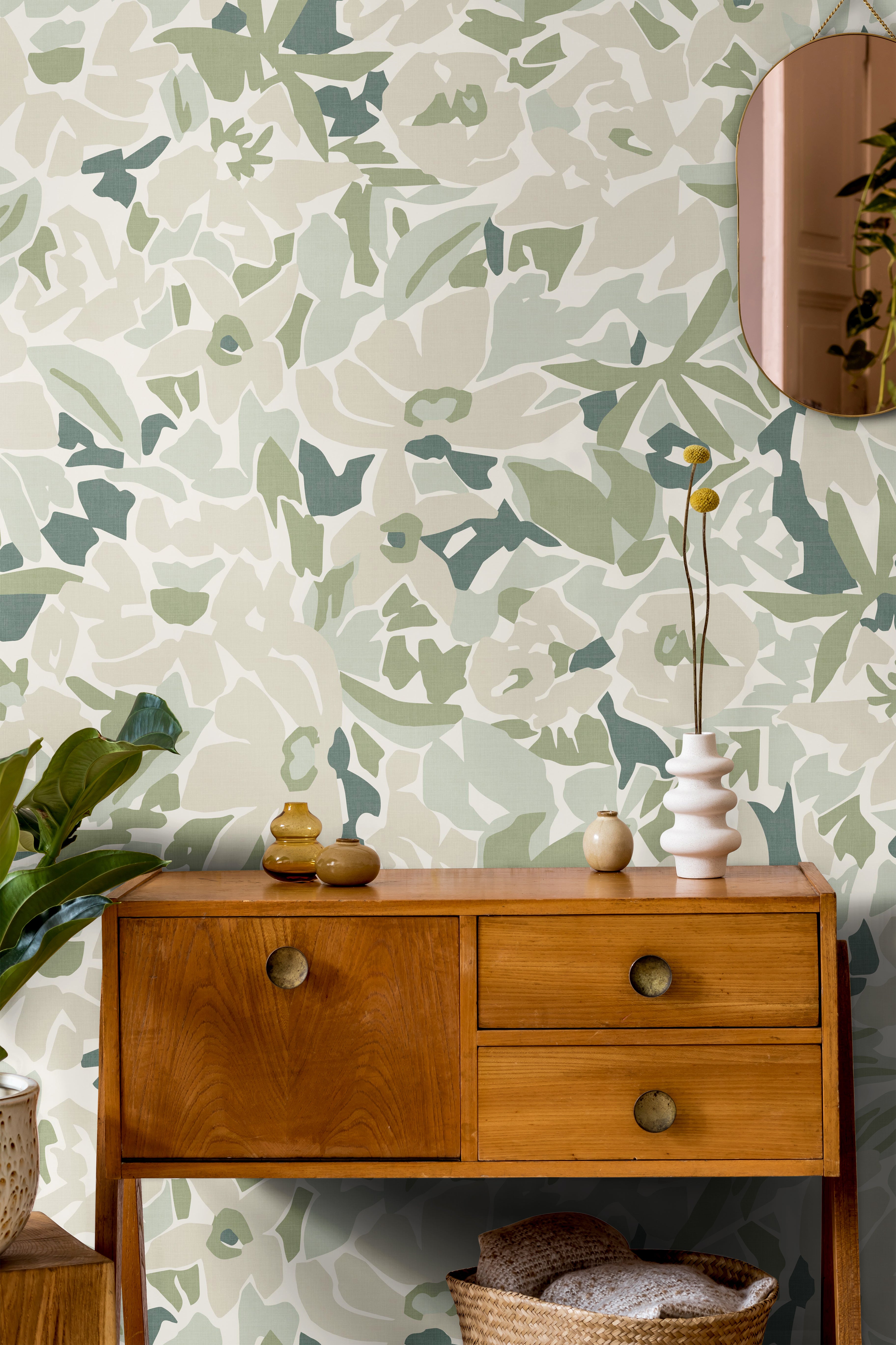 modern living room with green abstract floral wallpaper