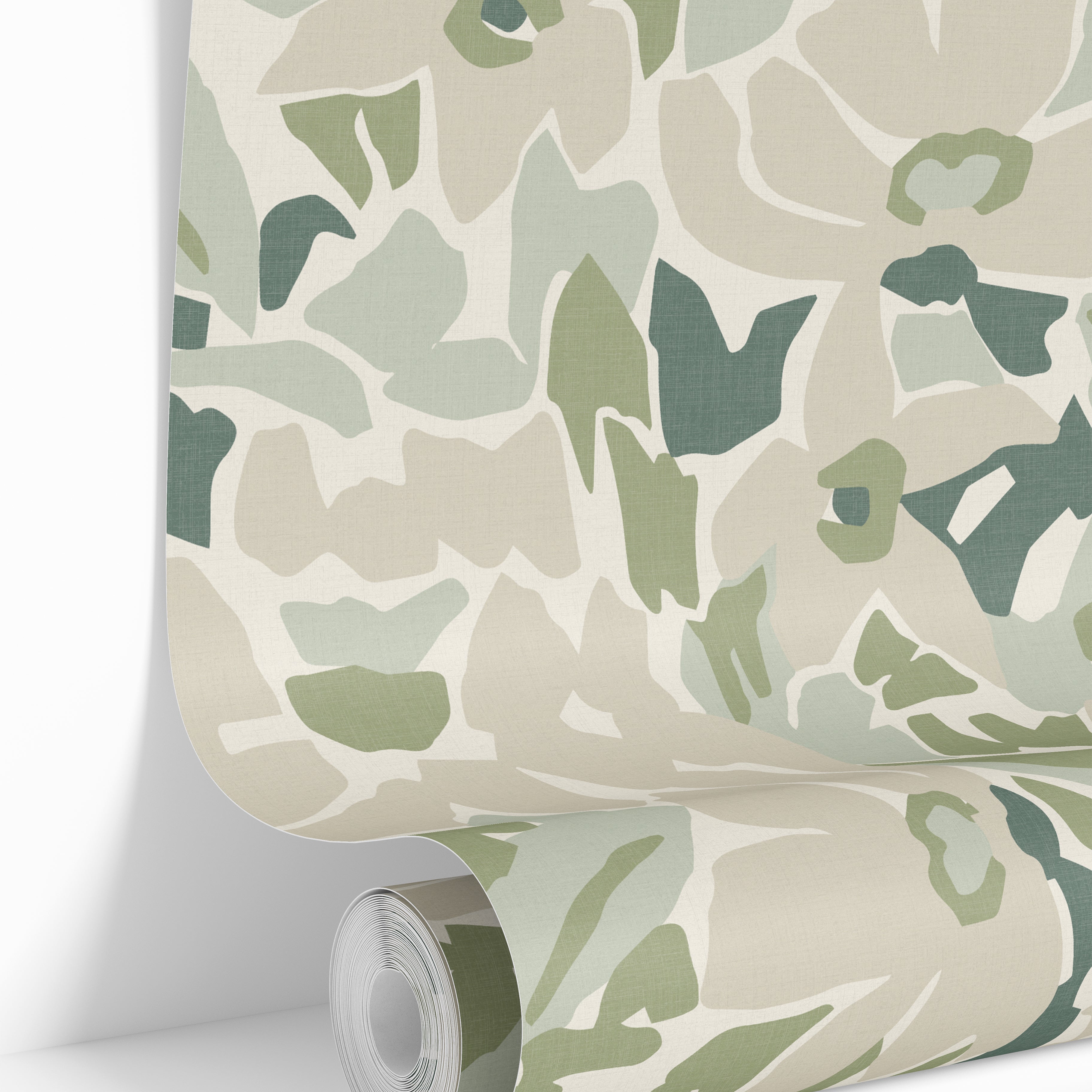 wallpaper roll showing green botanical abstract pattern