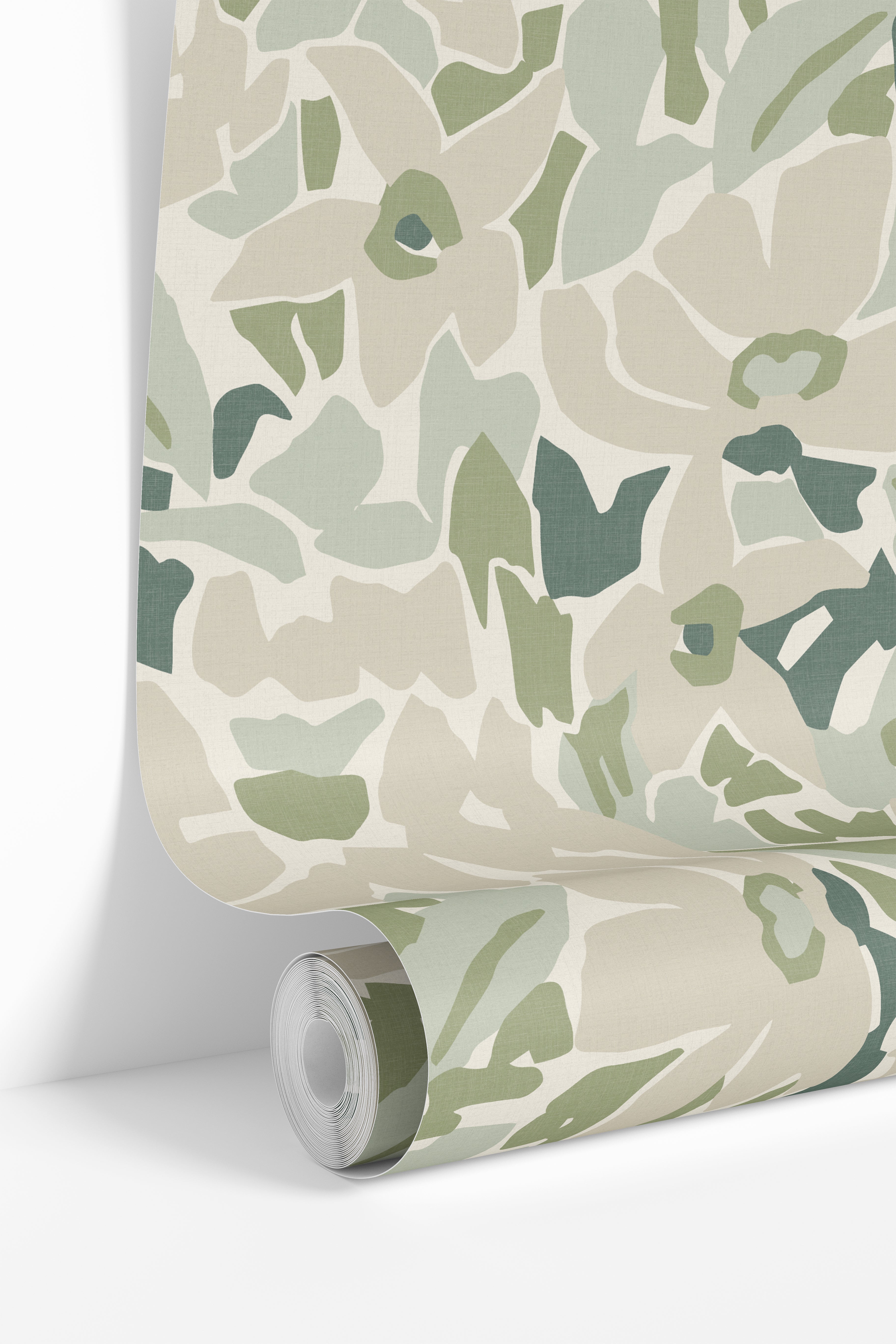 wallpaper roll showing green botanical abstract pattern