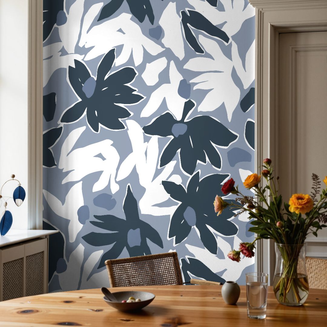  Blue floral wallpaper in a coastal-inspired Dining room.