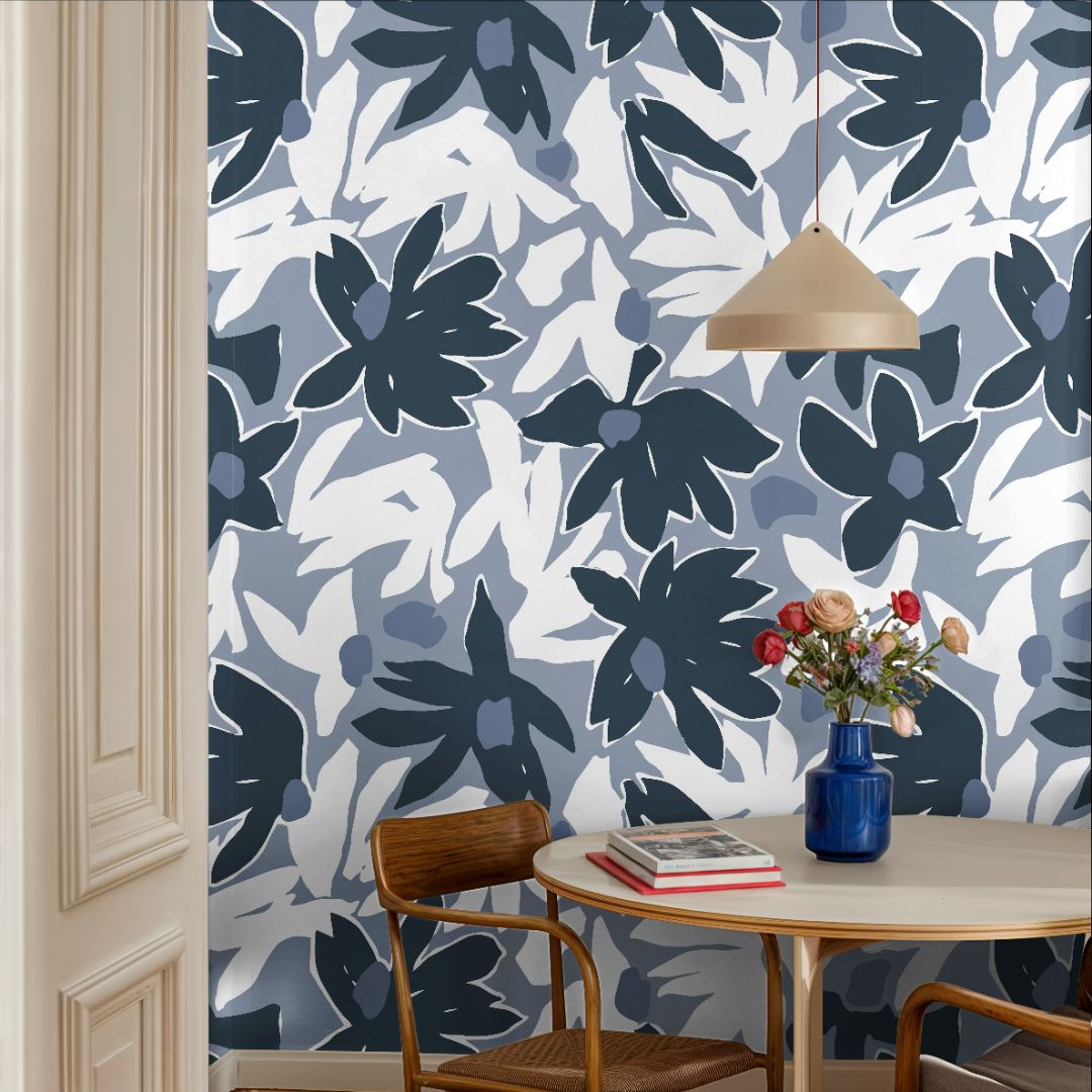 Elegant indigo and silver-blue floral design texture.