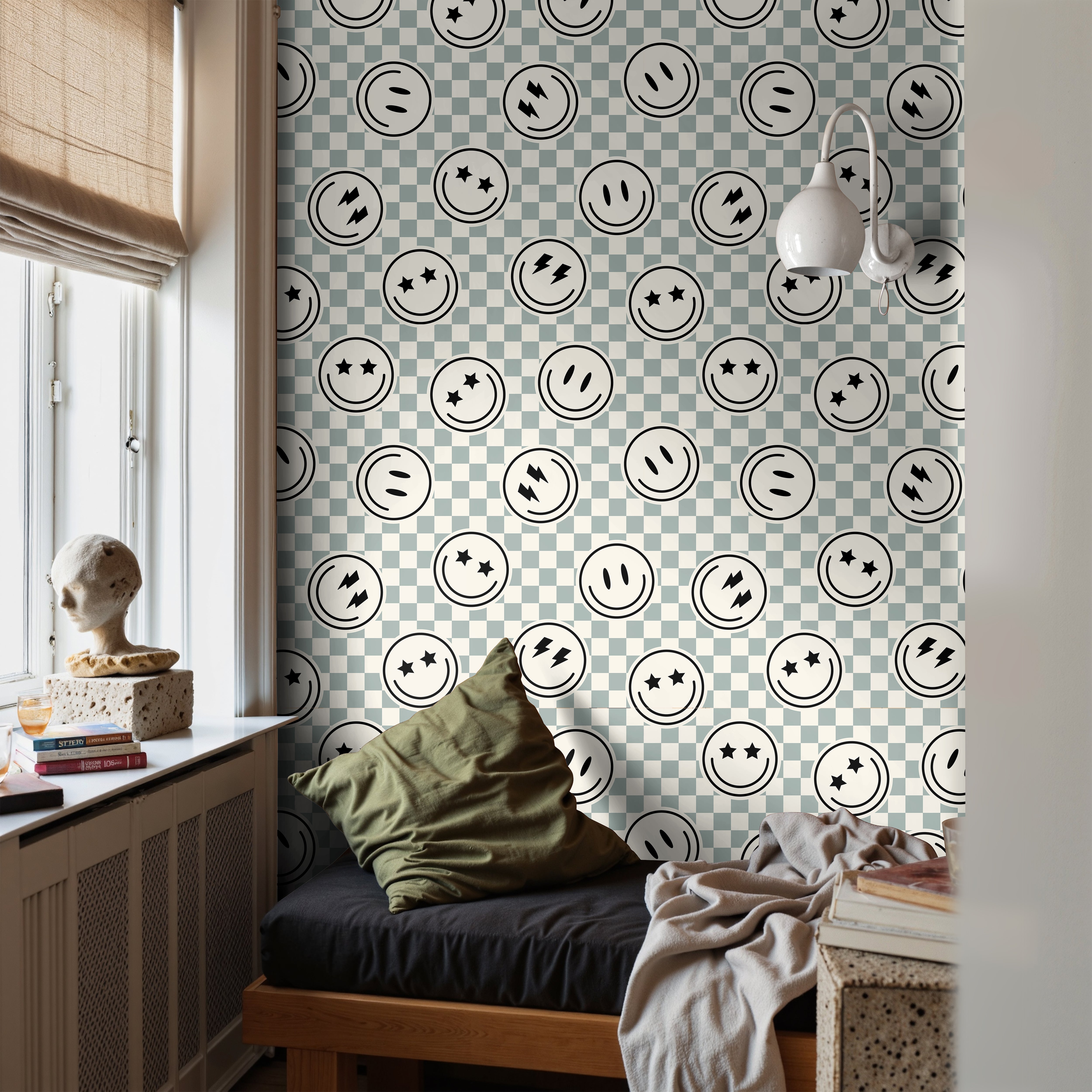  boys room wallpaper with checker pattern and smiley icons