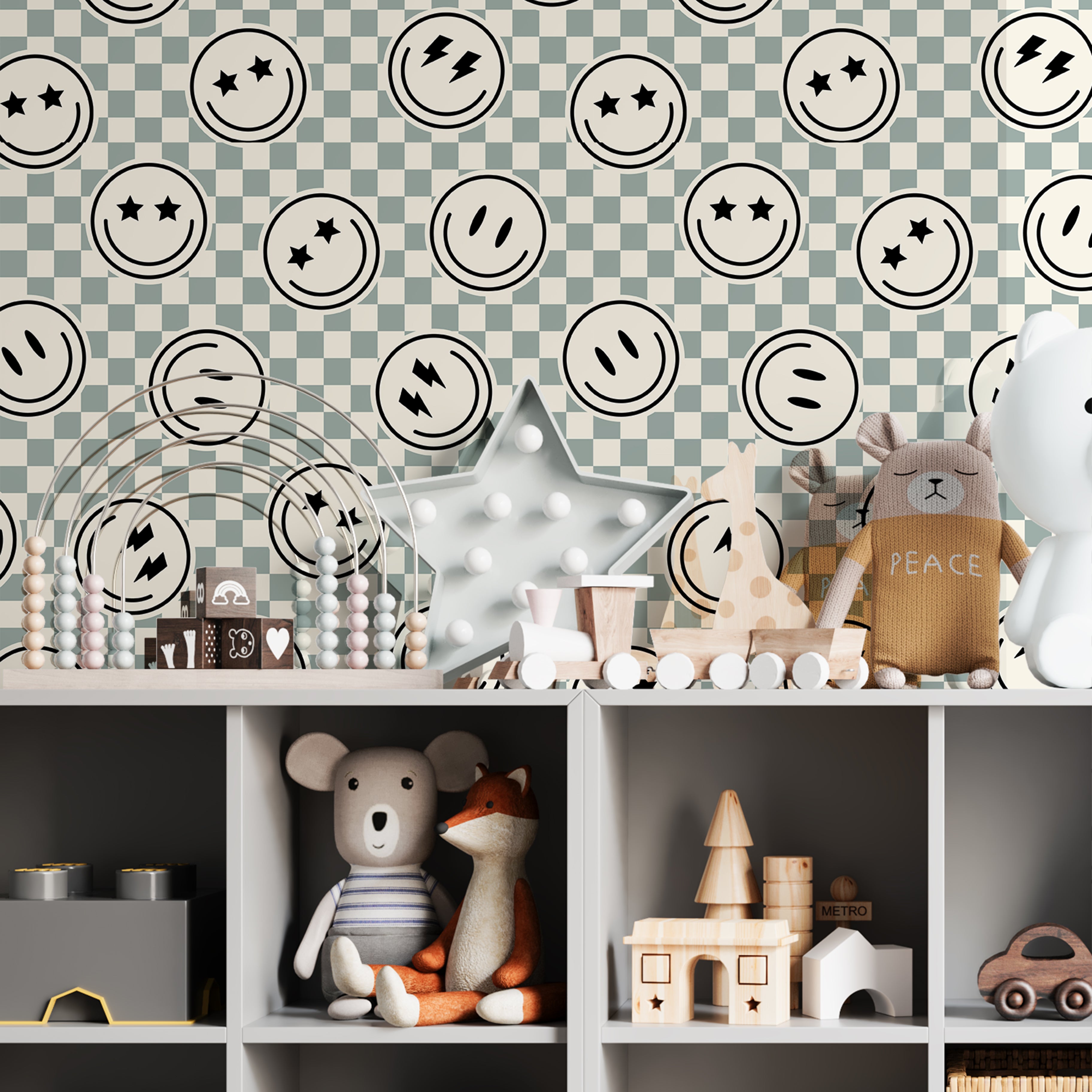 kids room checker wallpaper with smiley icons in modern playroom
