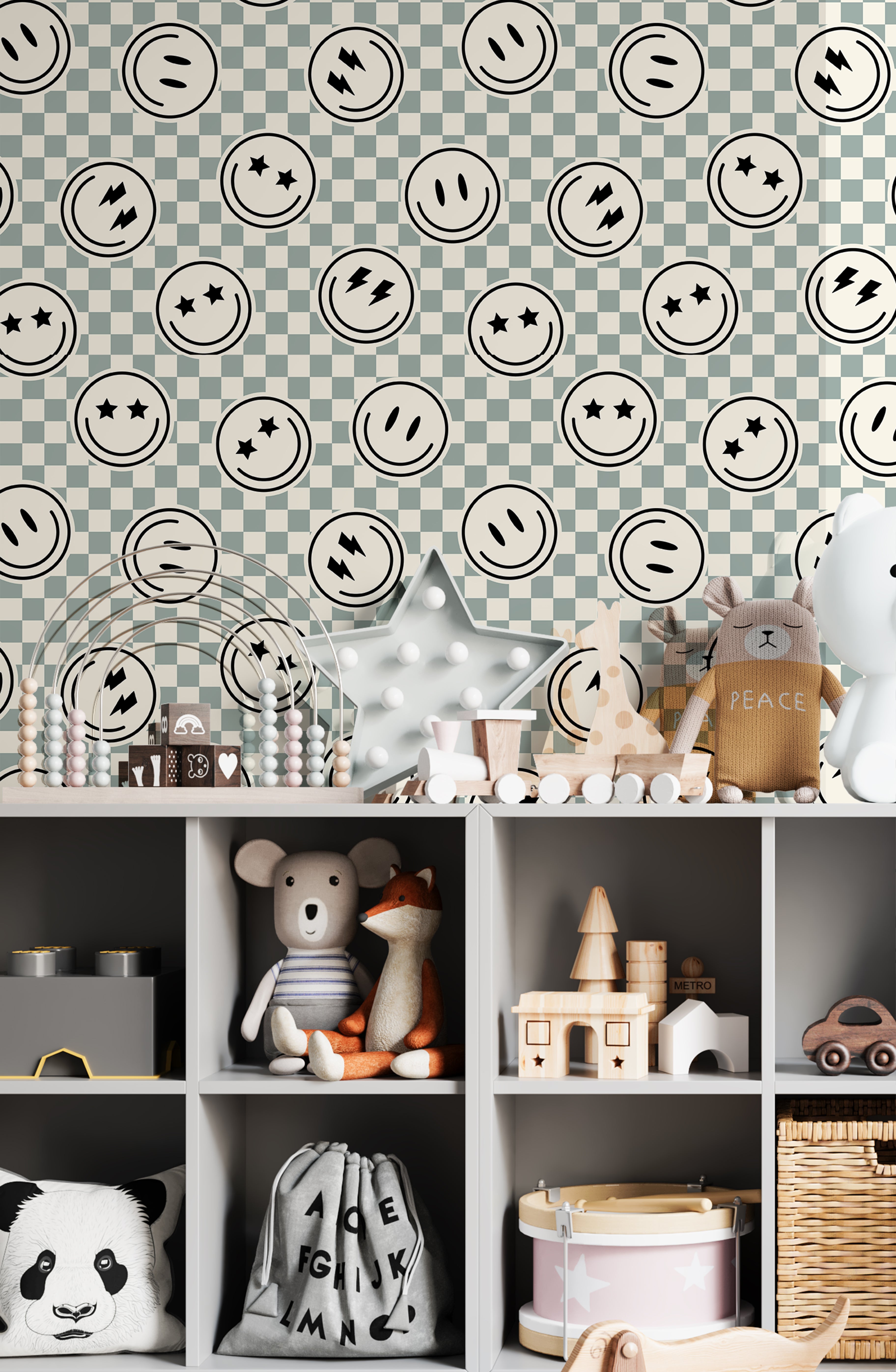 kids room checker wallpaper with smiley icons in modern playroom