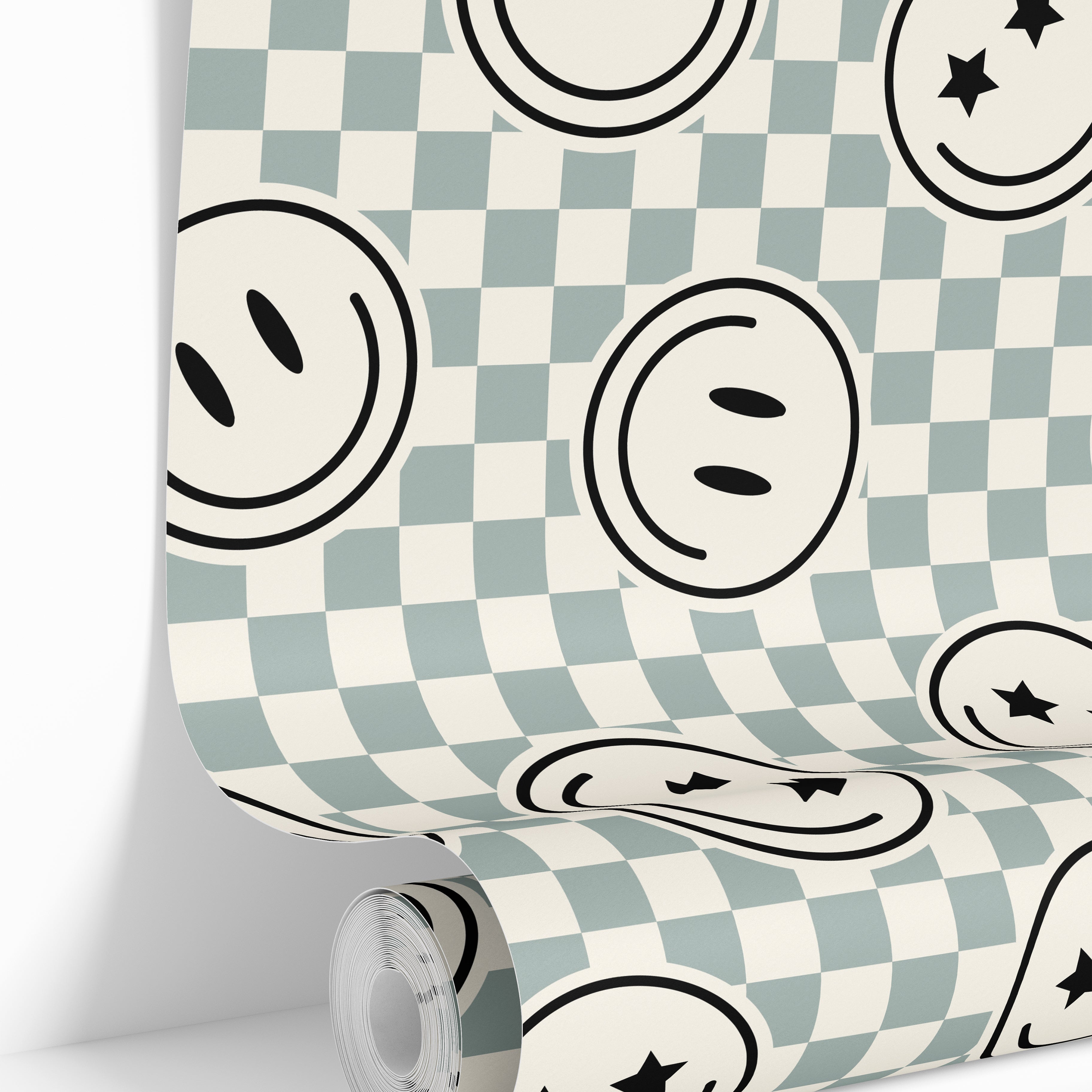  checker wallpaper roll with smiley icon pattern detail