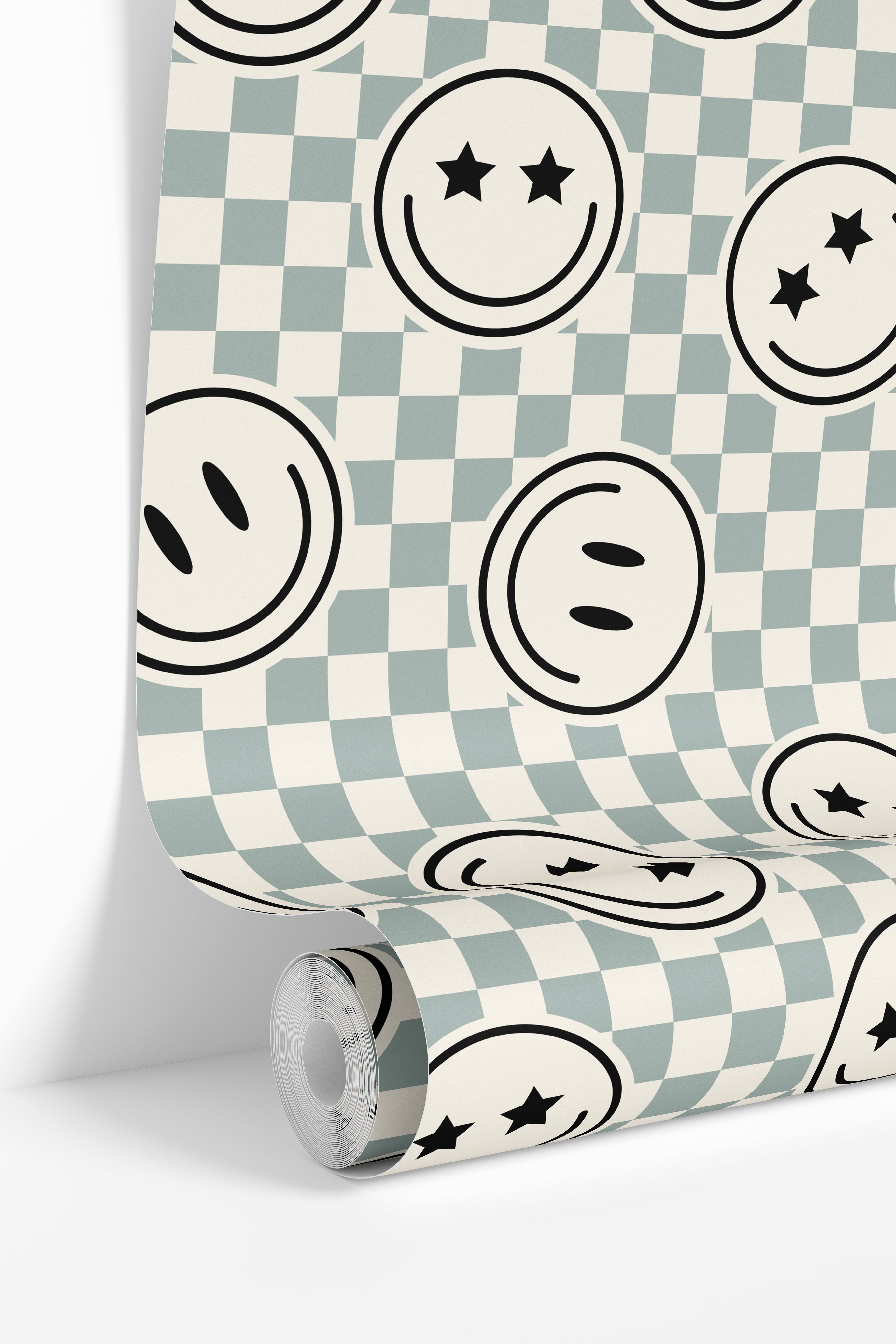  checker wallpaper roll with smiley icon pattern detail