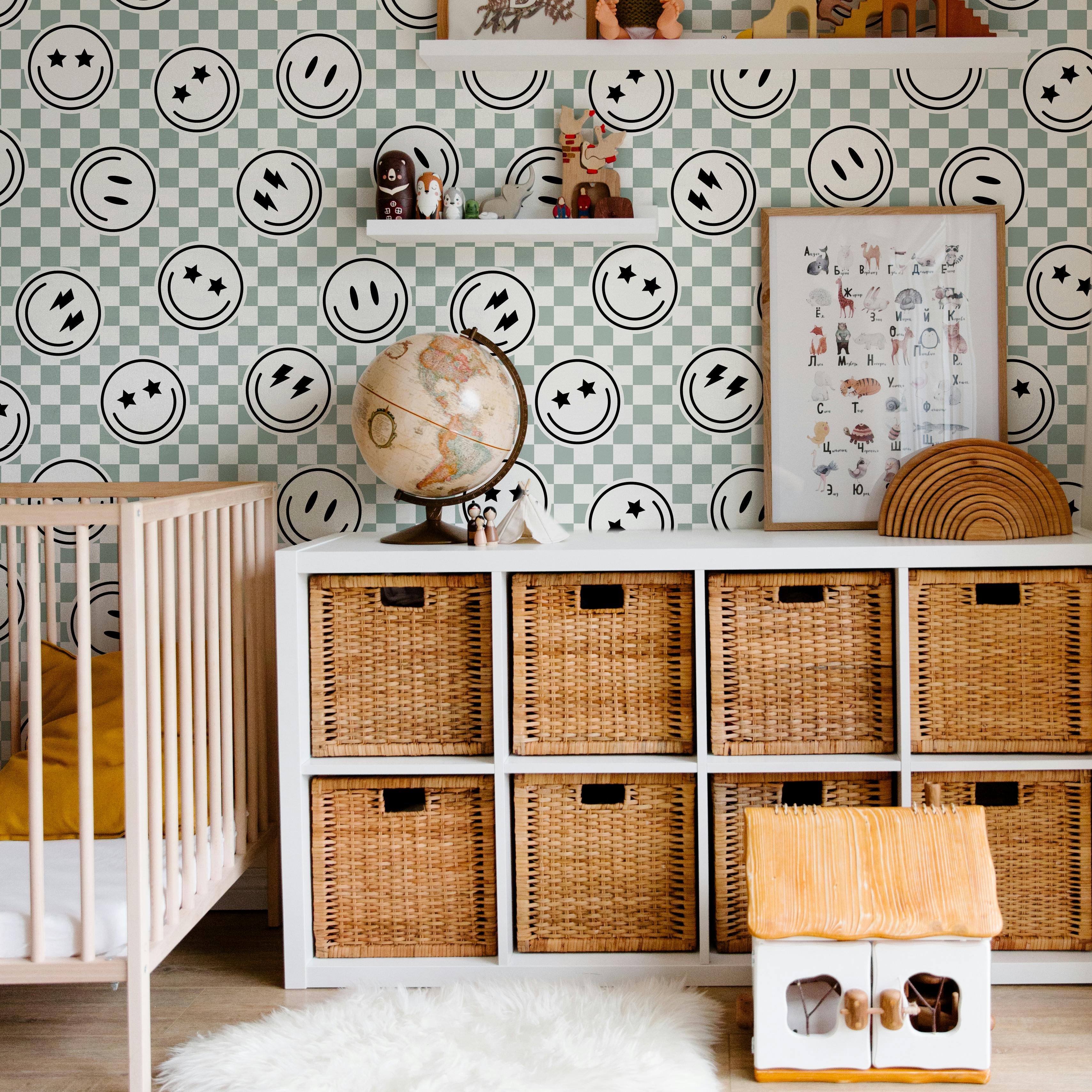 checker wallpaper with smiley icons in shared kids playroom