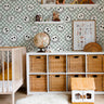 checker wallpaper with smiley icons in shared kids playroom