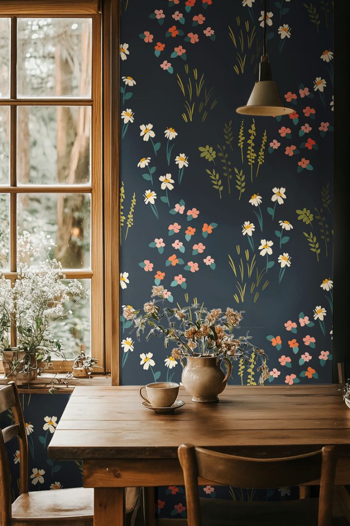 Dining area with Vivenne Grove Wallpaper showcasing coral, gold, and sage florals on navy walls for an elegant and vibrant look.