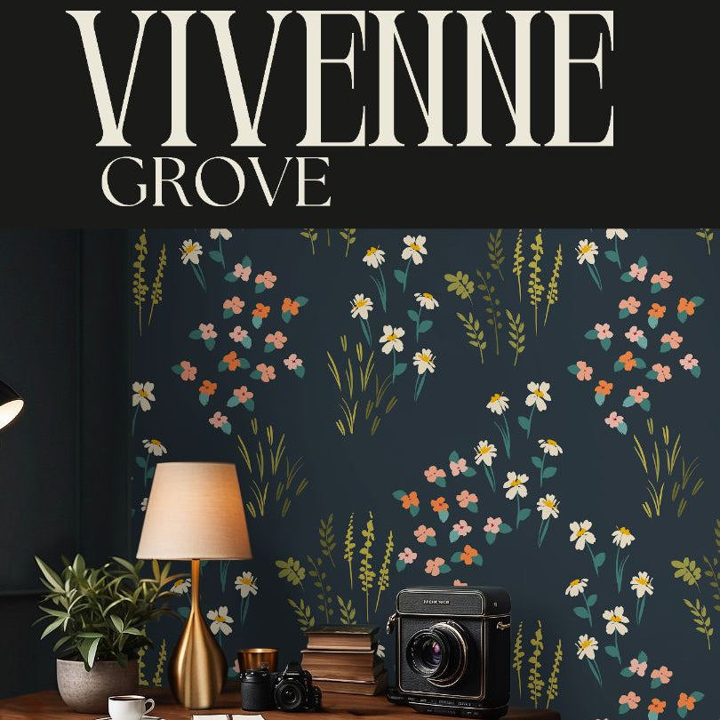 Vivenne Grove Wallpaper mood board showing navy, coral, gold, and sage tones symbolizing vibrant sophistication and natural artistry.