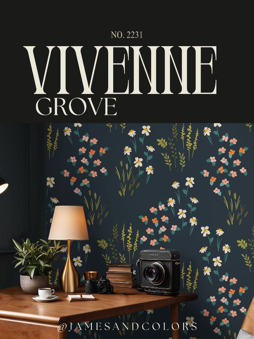 Vivenne Grove Wallpaper mood board showing navy, coral, gold, and sage tones symbolizing vibrant sophistication and natural artistry.