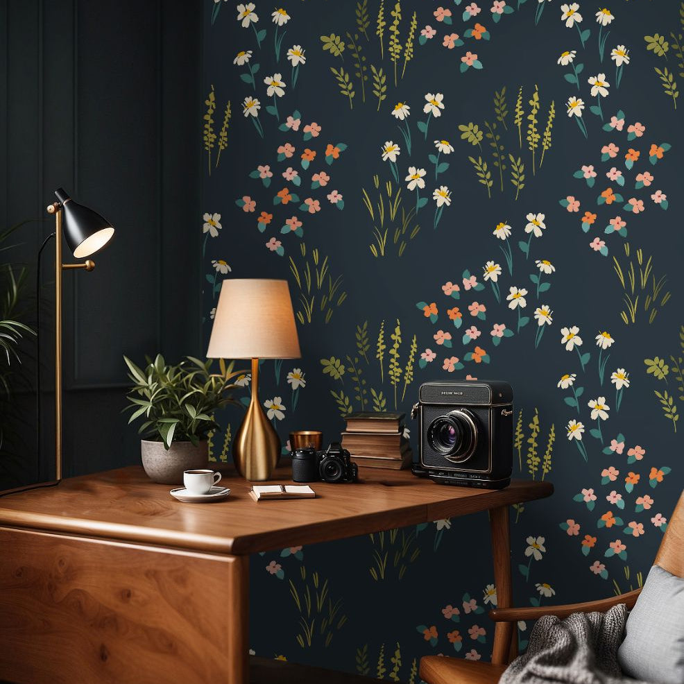 Office with Vivenne Grove Wallpaper blending navy, coral, and gold tones for a refined, luxurious atmosphere.
