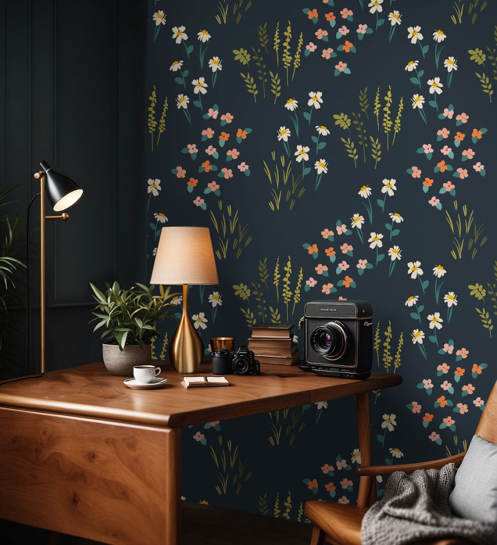 Office with Vivenne Grove Wallpaper blending navy, coral, and gold tones for a refined, luxurious atmosphere.