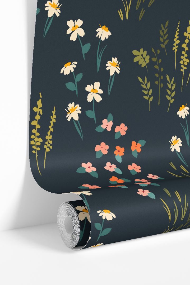 Vivenne Grove Wallpaper roll featuring painterly coral and gold florals on a deep navy background.
