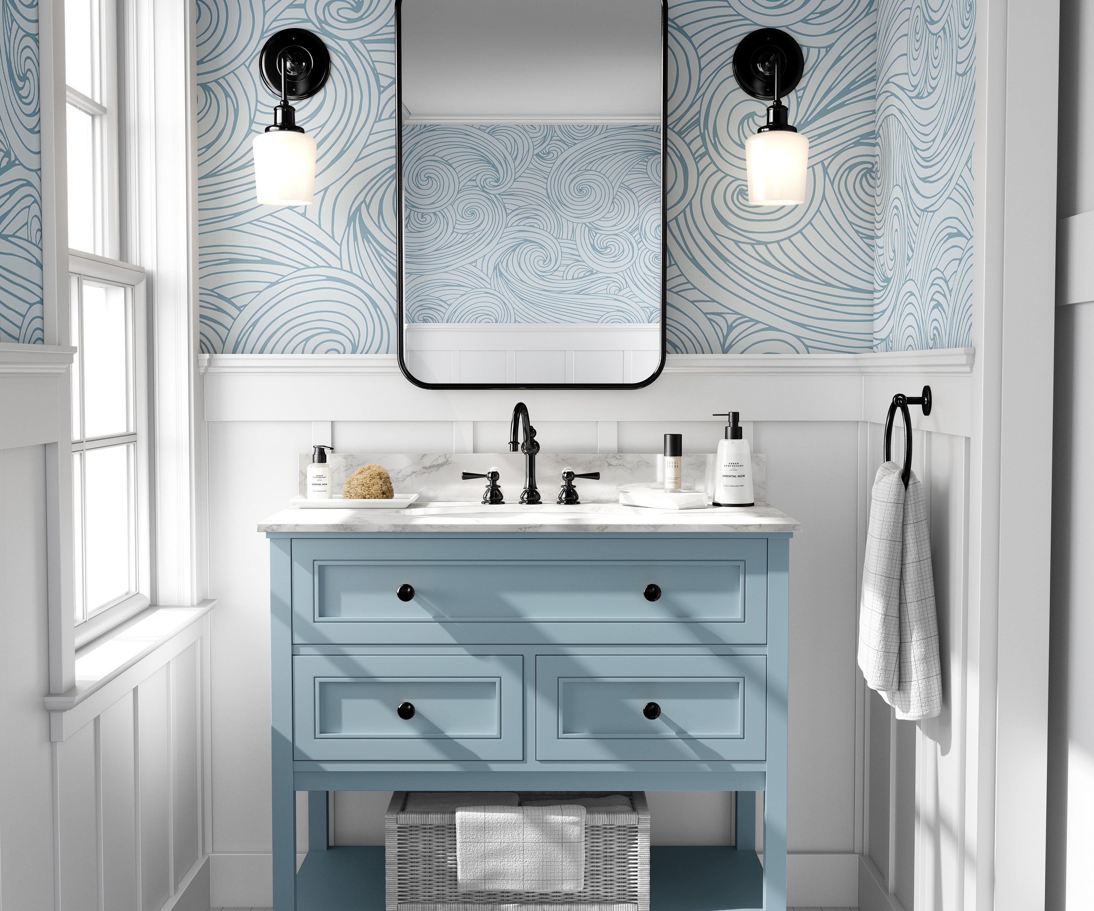 Blue coastal wallpaper with flowing wave patterns styled in a bright modern bathroom with soft coastal decor.