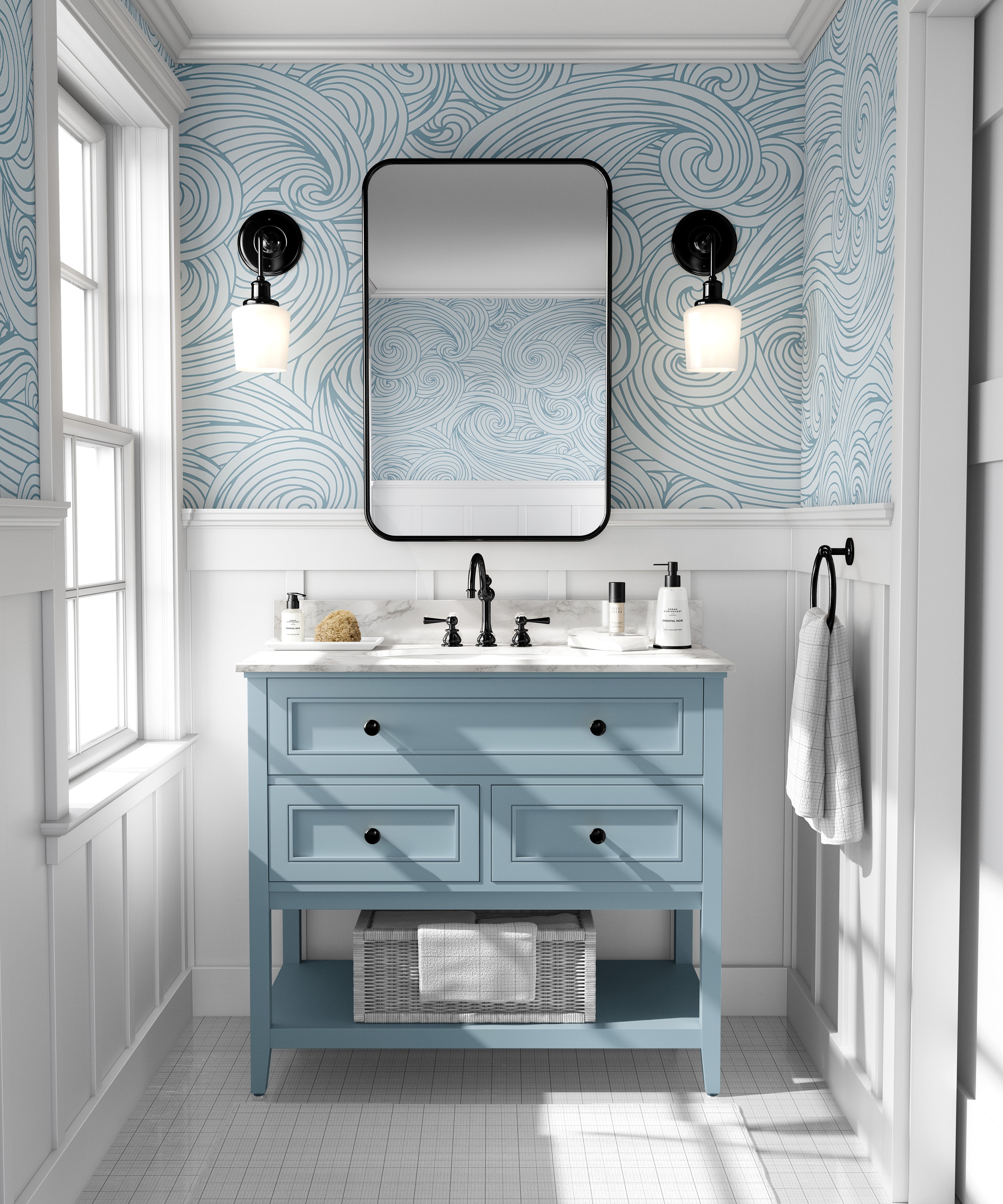 Blue coastal wallpaper with flowing wave patterns styled in a bright modern bathroom with soft coastal decor.
