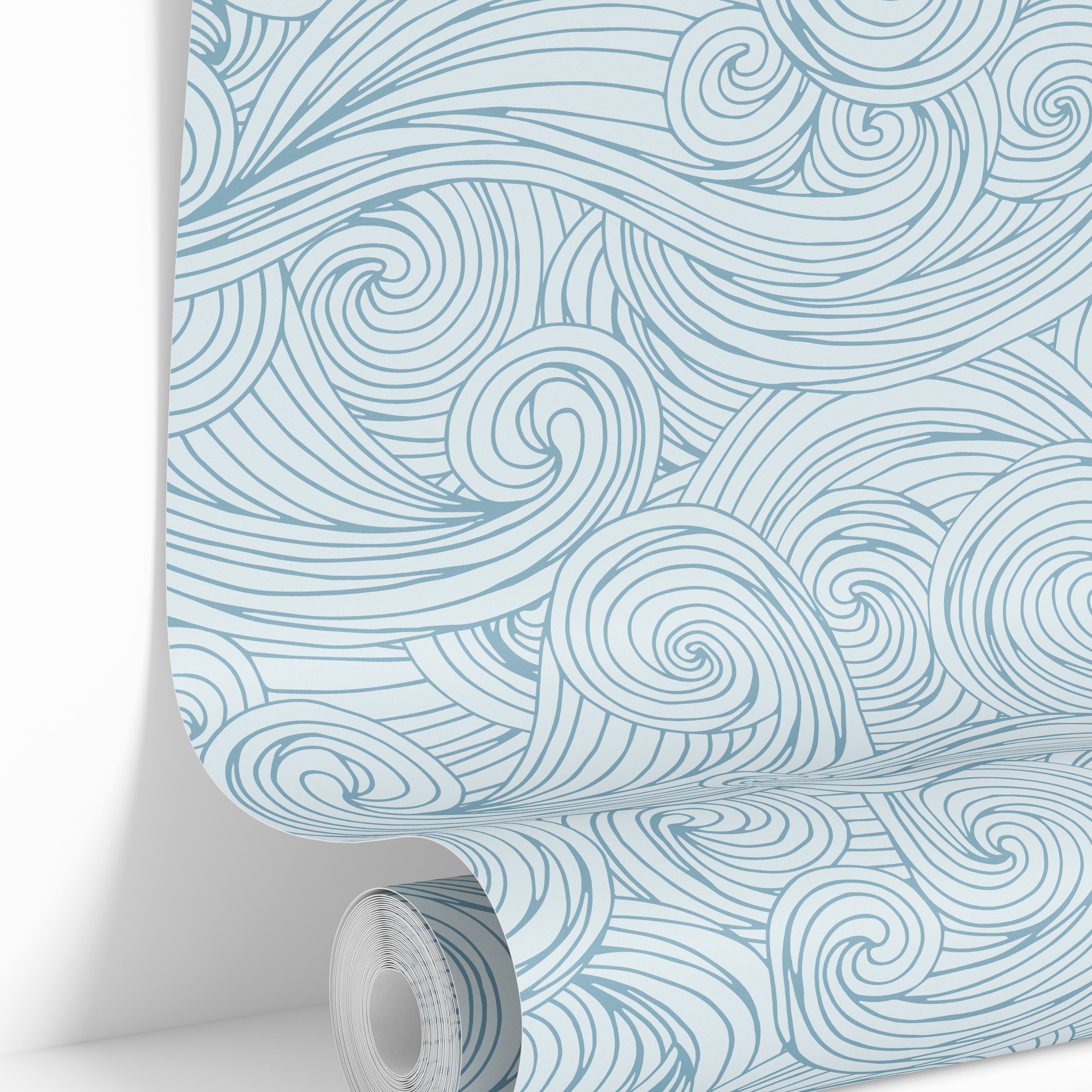 Wallpaper roll featuring Wandering Waves blue nautical wallpaper with layered coastal wave linework