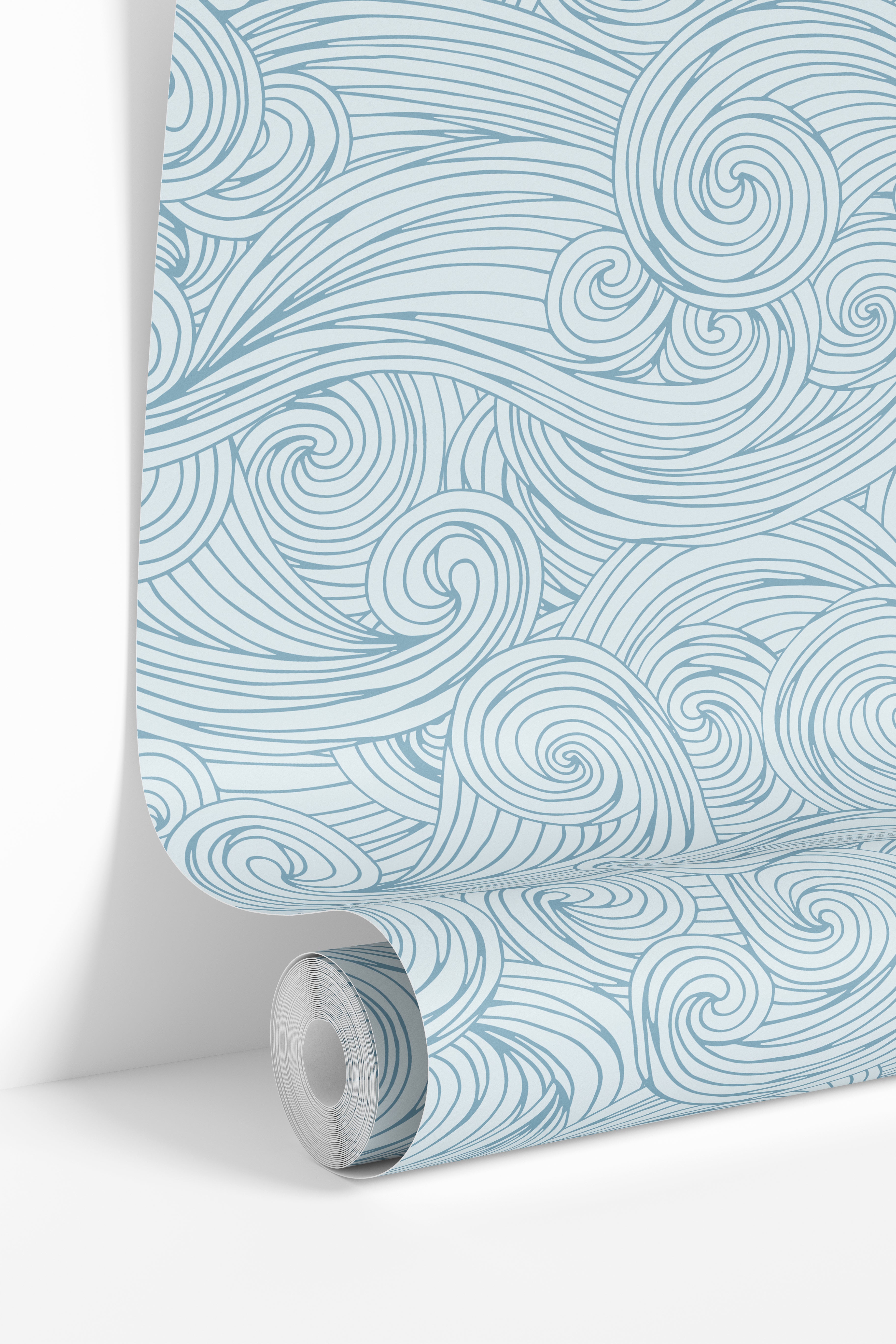 Wallpaper roll featuring Wandering Waves blue nautical wallpaper with layered coastal wave linework