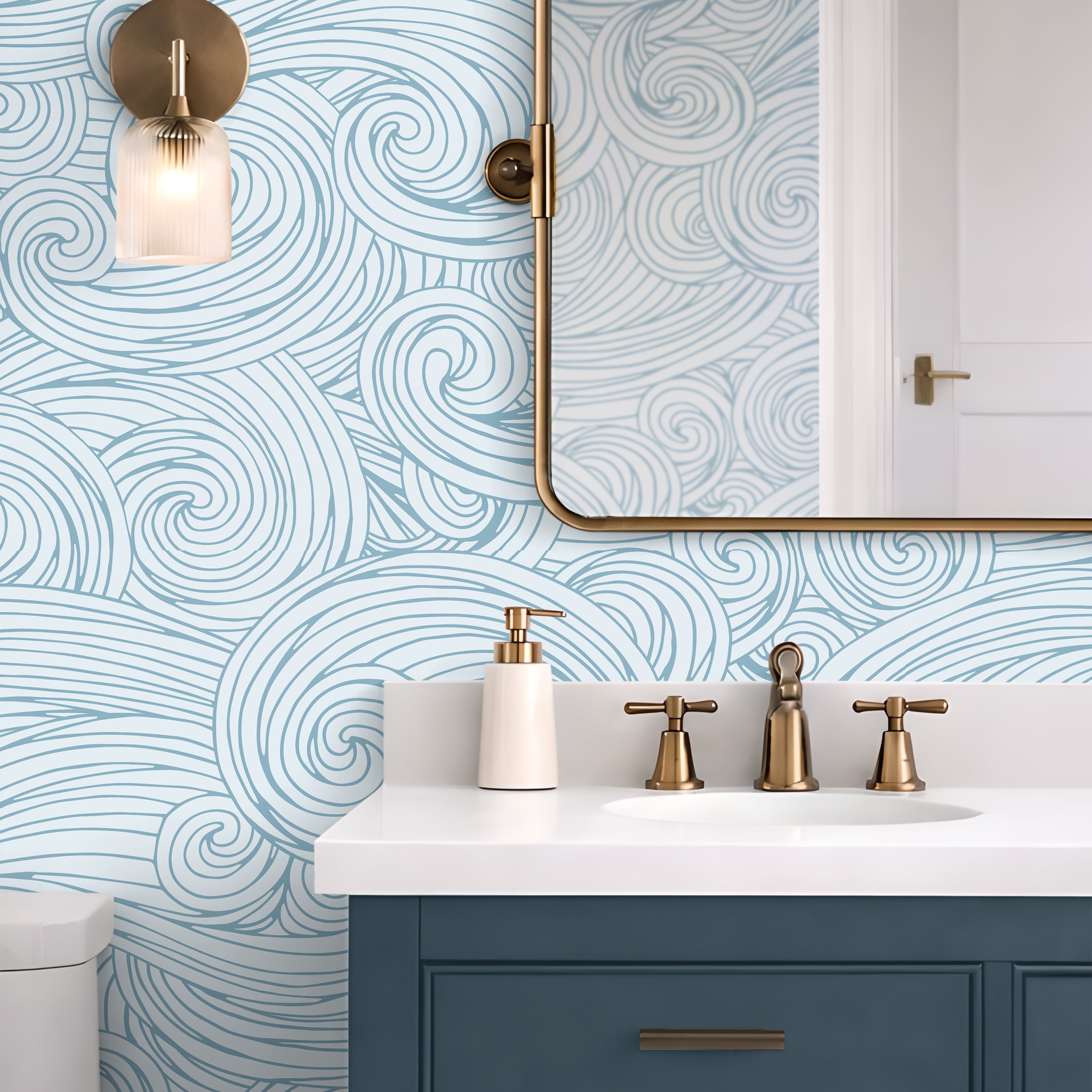 Modern nautical wallpaper featuring layered swirling wave lines in soft coastal blue tones
