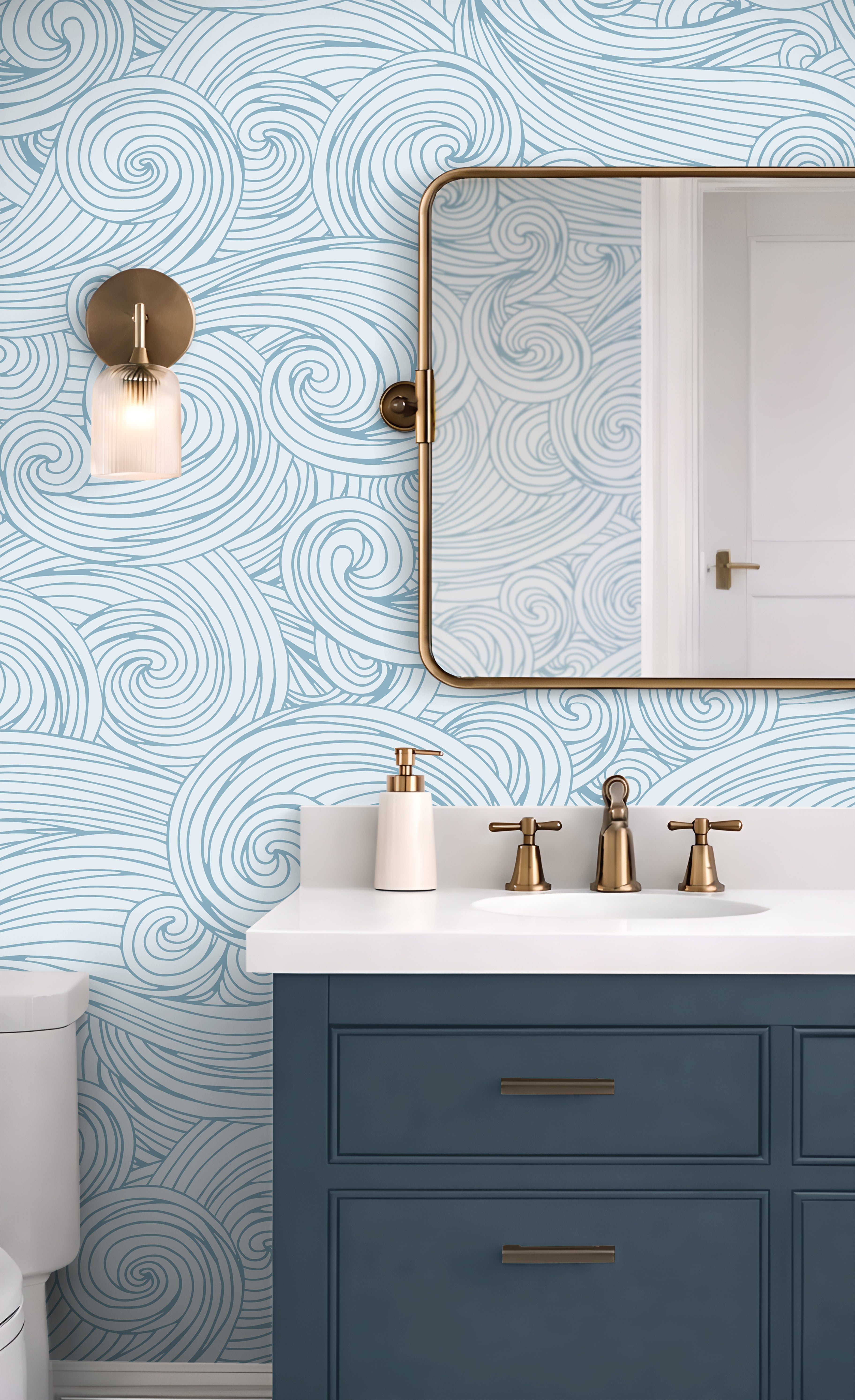 Modern nautical wallpaper featuring layered swirling wave lines in soft coastal blue tones