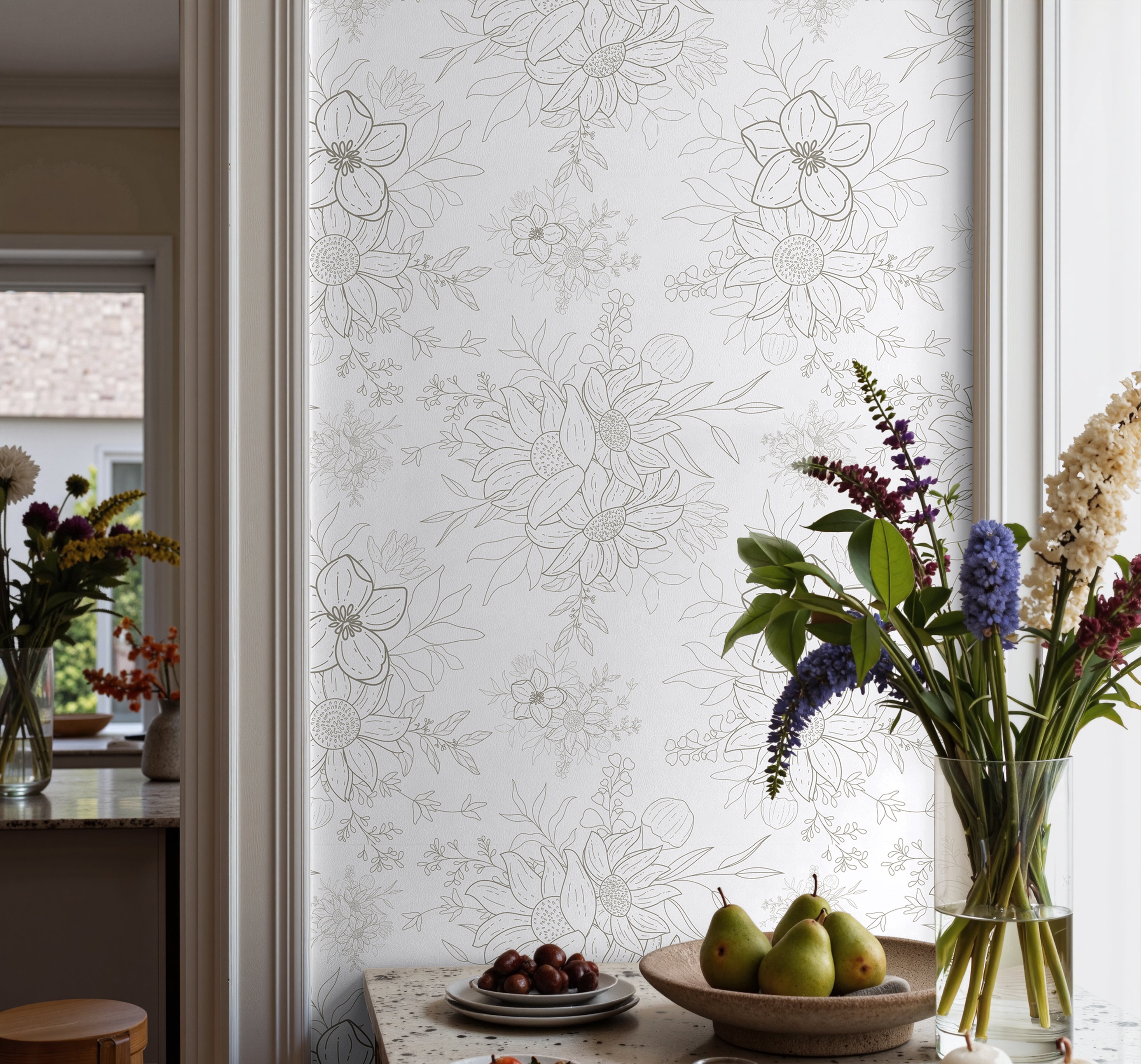 light gray floral wallpaper with soft airy petal pattern for bedroom and accent walls