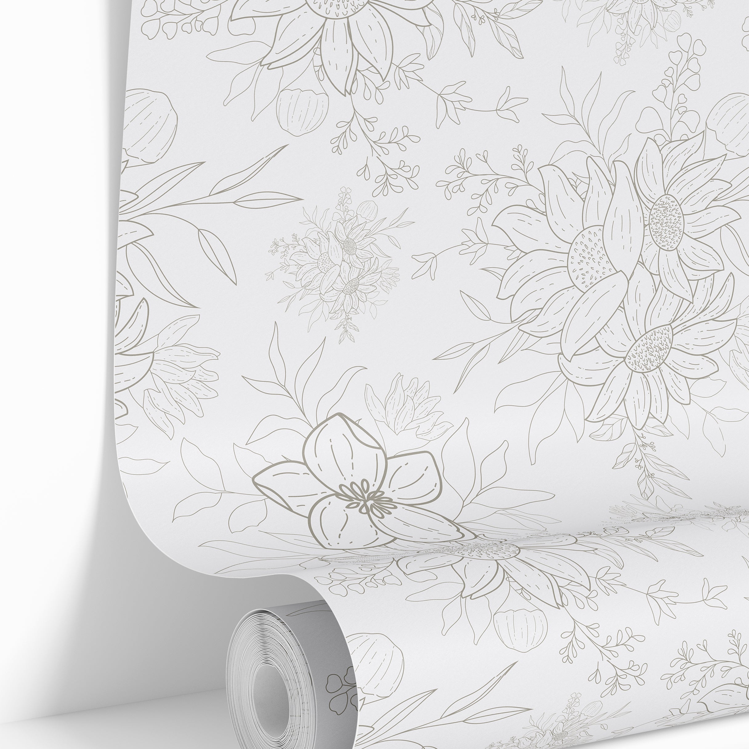 wallpaper roll showing light gray floral pattern with airy petal spacing