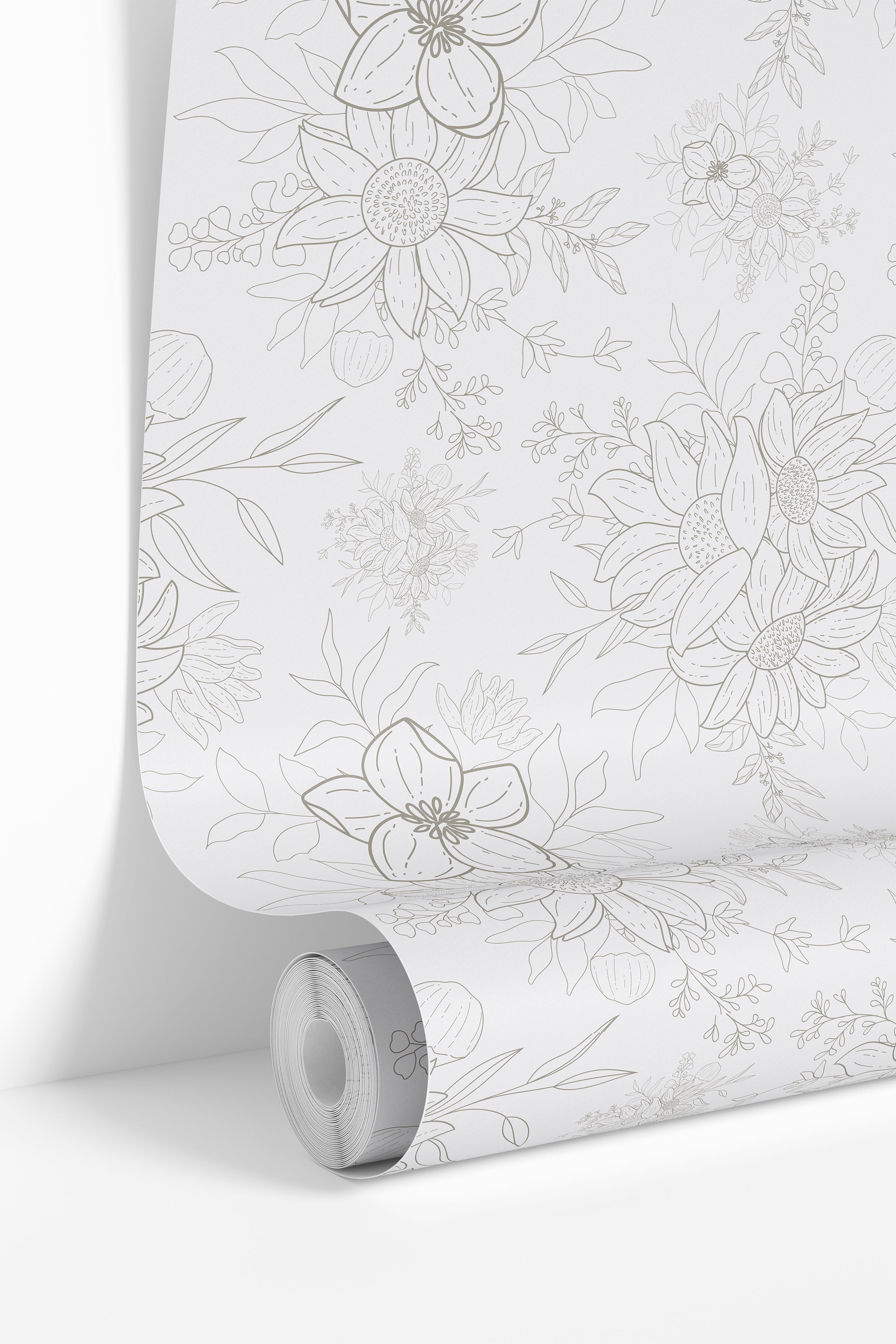 wallpaper roll showing light gray floral pattern with airy petal spacing