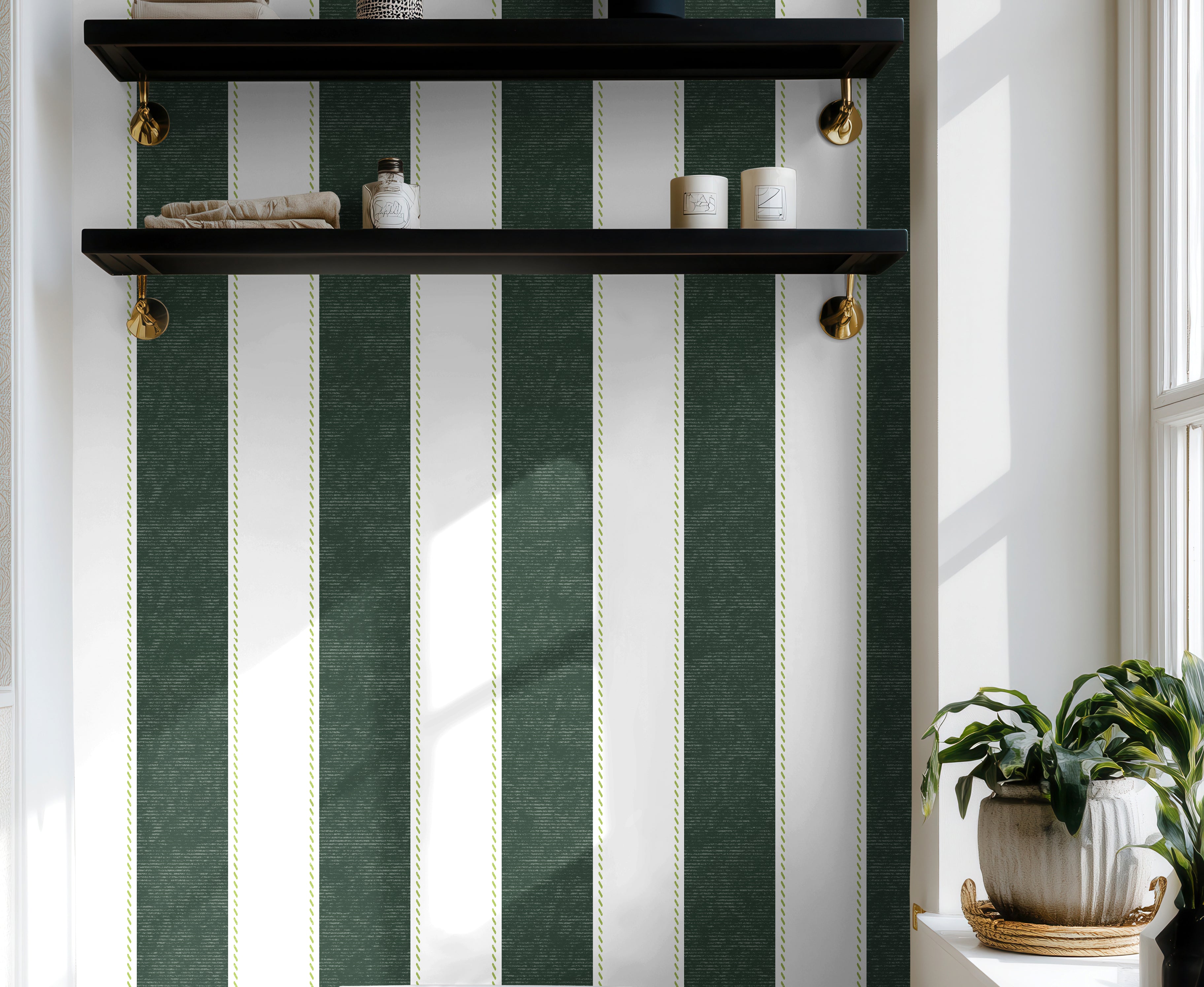 green vertical stripe wallpaper in modern classic bathroom with shelving